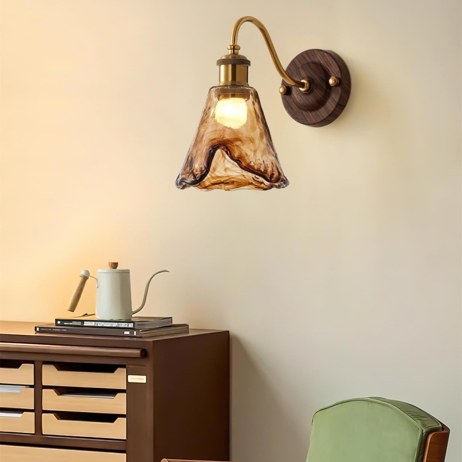 Wall Lamp Amber Glass Shade Walnut Gold Vintage Modern Sconce - Letslighting