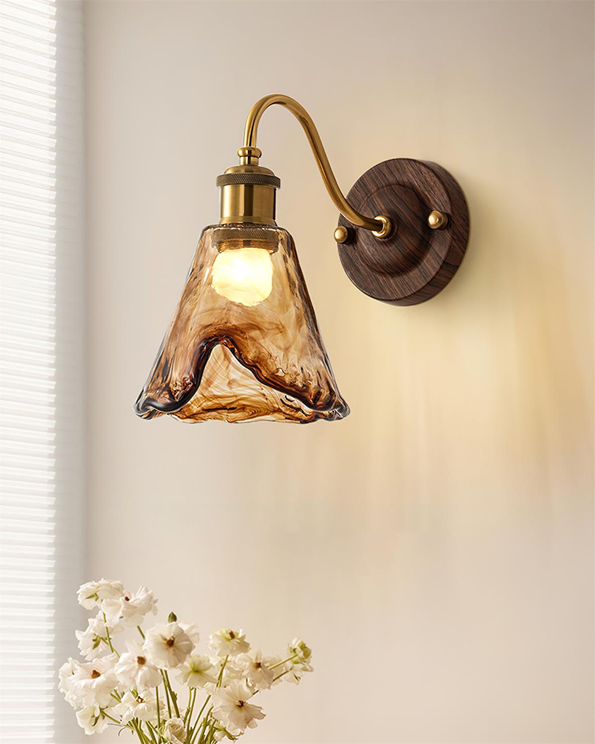 Wall Lamp Amber Glass Shade Walnut Gold Vintage Modern Sconce - Letslighting