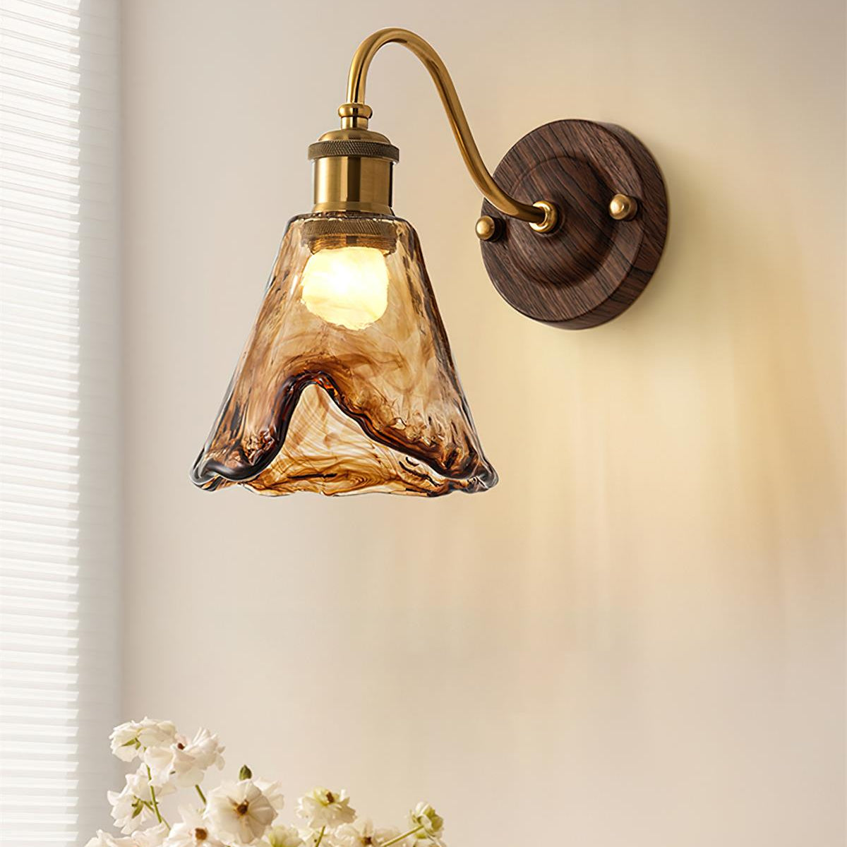 Wall Lamp Amber Glass Shade Walnut Gold Vintage Modern Sconce - Letslighting