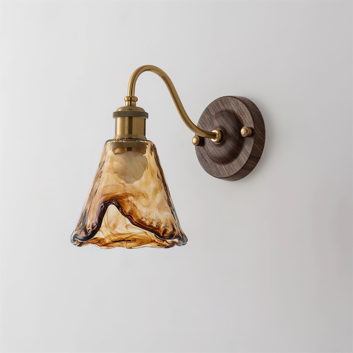 Wall Lamp Amber Glass Shade Walnut Gold Vintage Modern Sconce - Letslighting