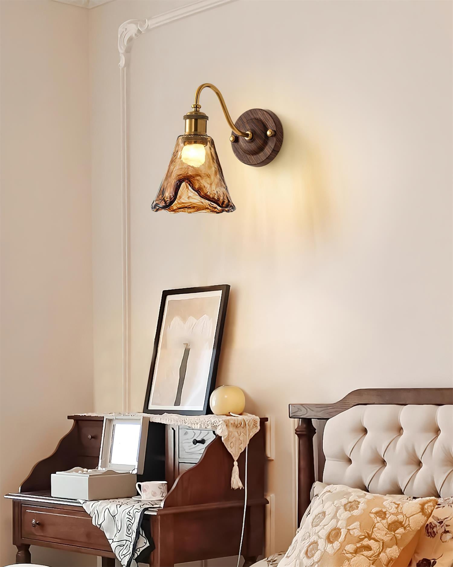 Wall Lamp Amber Glass Shade Walnut Gold Vintage Modern Sconce - Letslighting