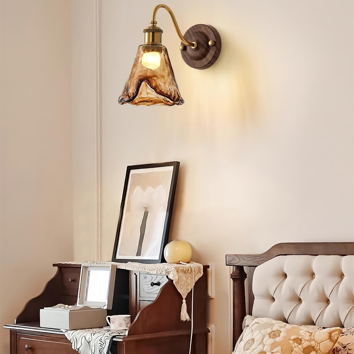 Wall Lamp Amber Glass Shade Walnut Gold Vintage Modern Sconce - Letslighting