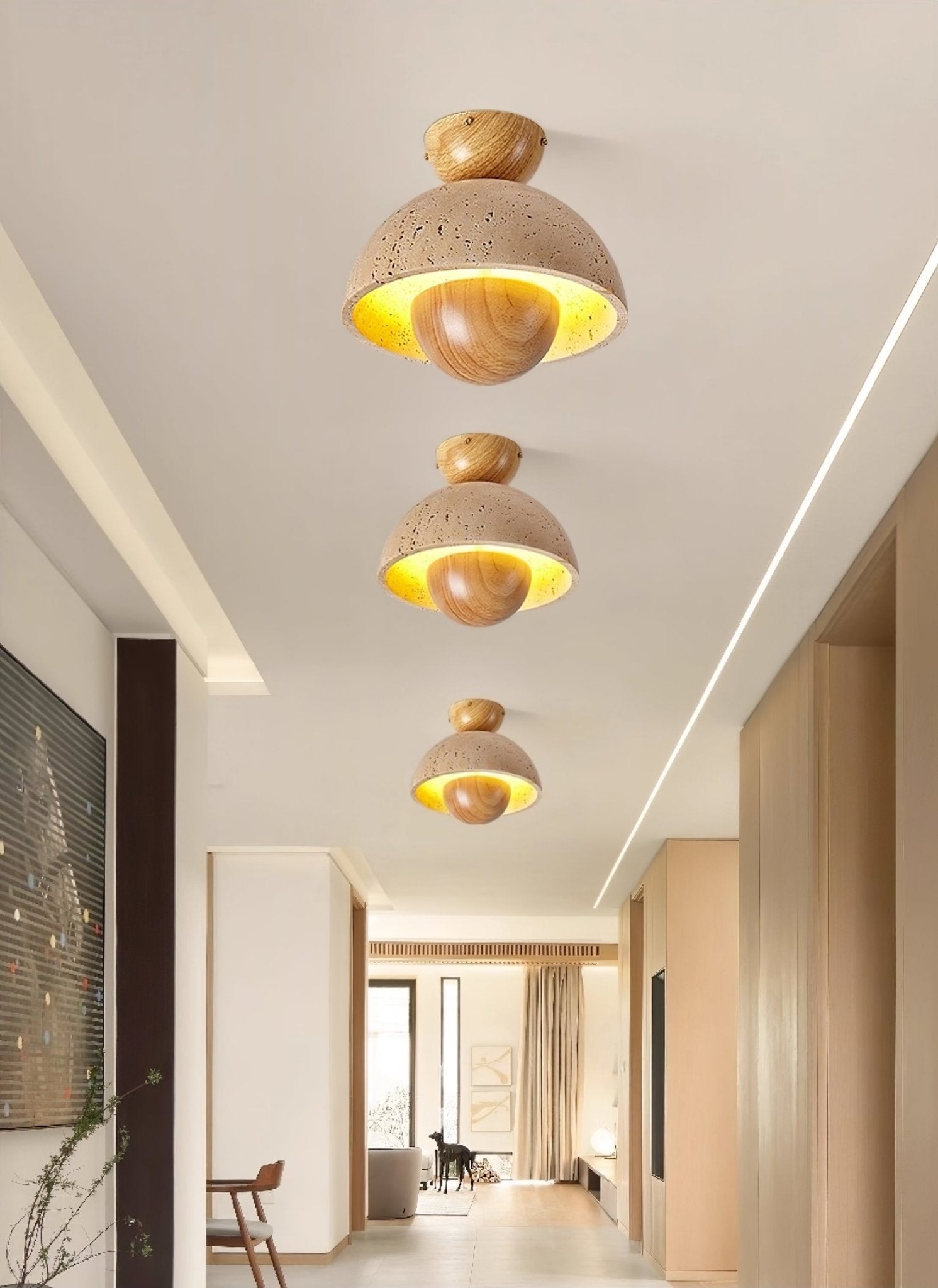 Nerio Modern Travertine & Wood Ceiling Light