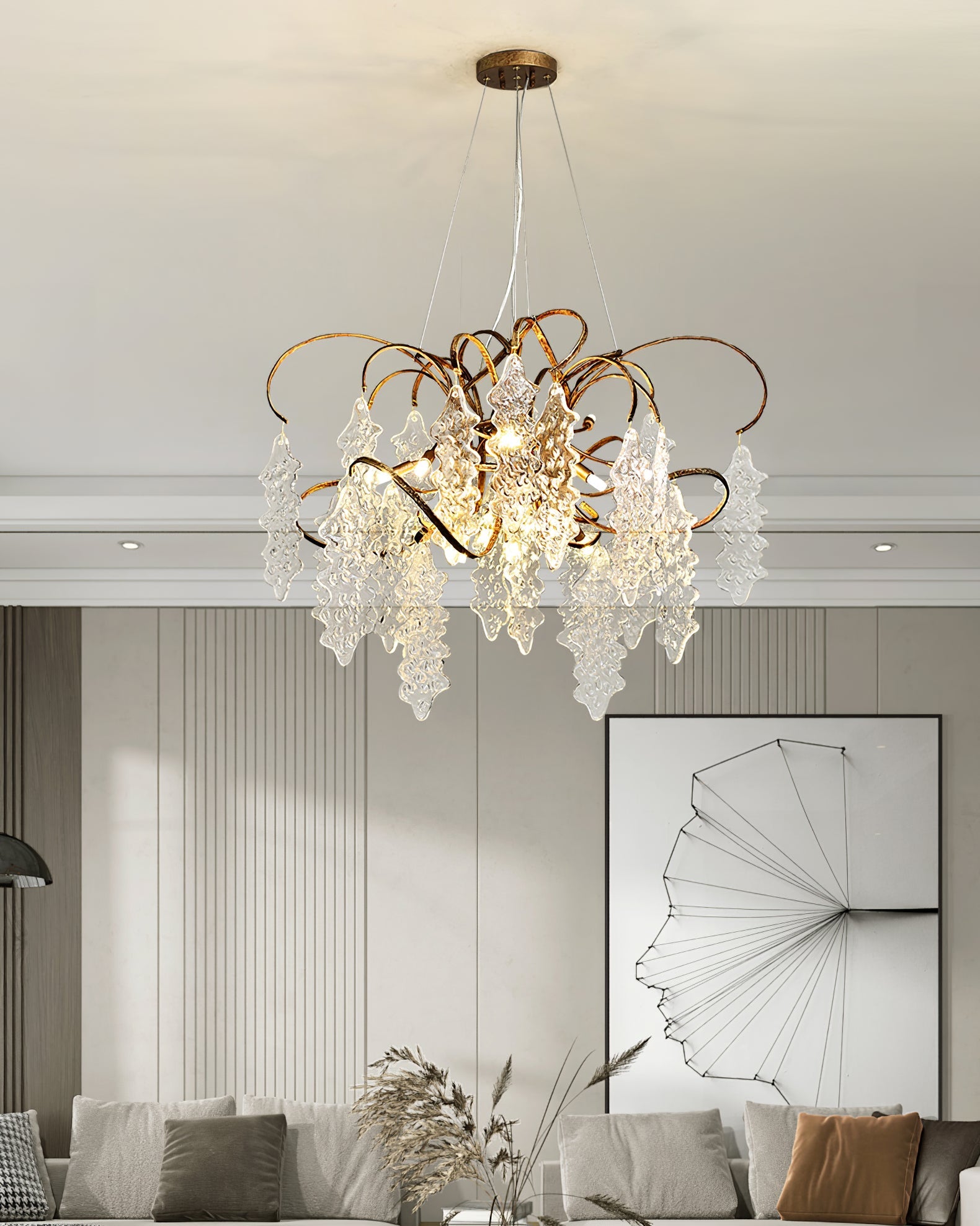 Niagara Chandelier Round Brass Frame With Glass Drops Foyers - Letslighting