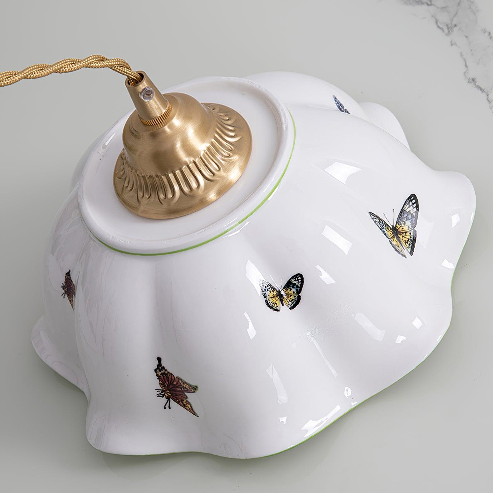Pendant Lamp Ceramic Petal Shade Hand Painted Butterflies Vintage Charm - Letslighting