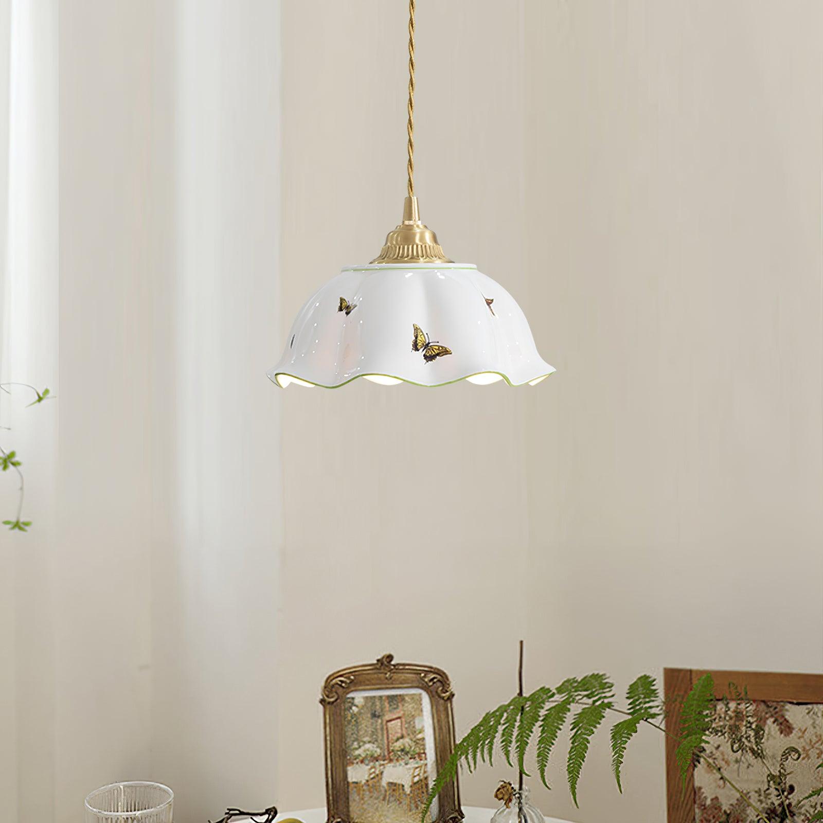Pendant Lamp Ceramic Petal Shade Hand Painted Butterflies Vintage Charm - Letslighting