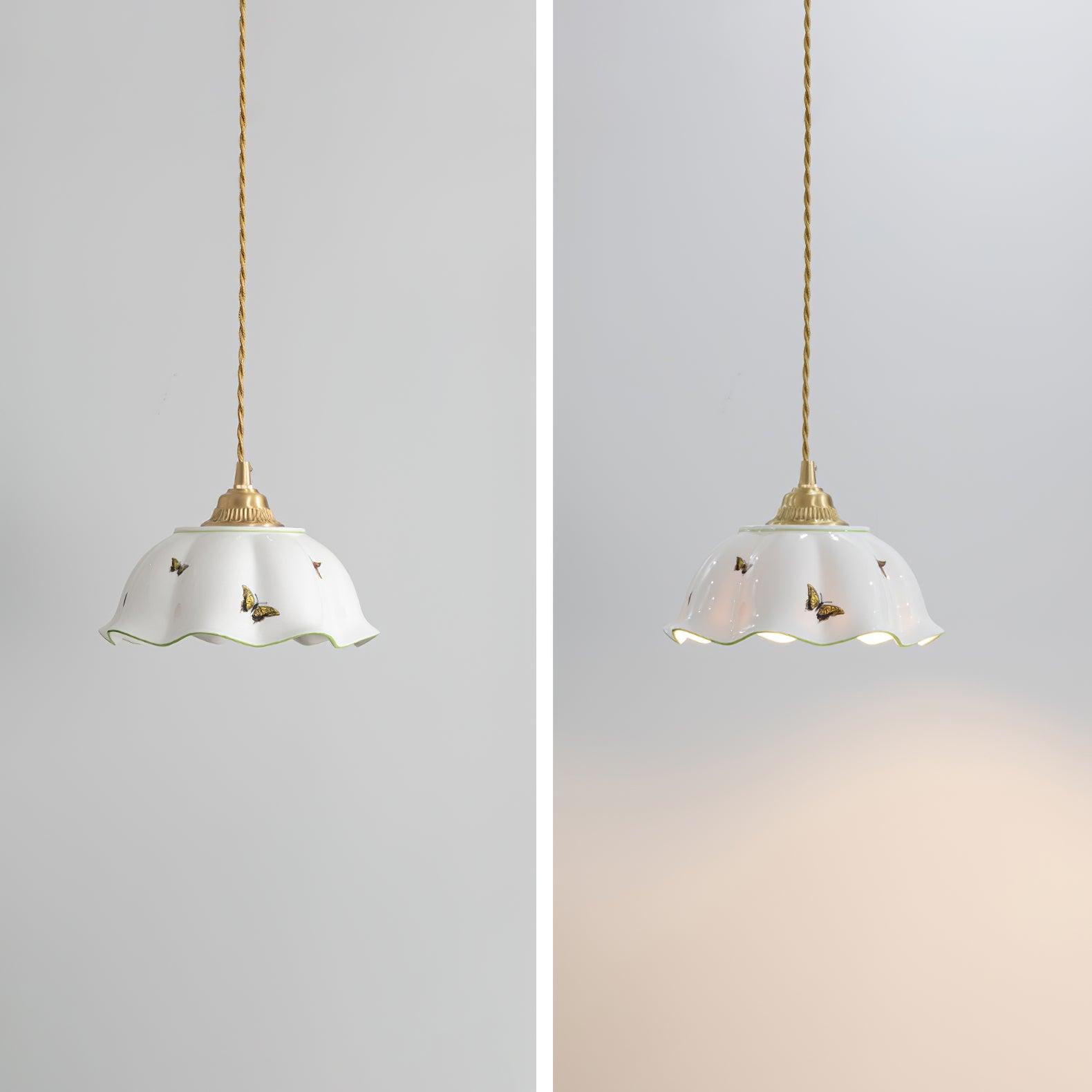 Pendant Lamp Ceramic Petal Shade Hand Painted Butterflies Vintage Charm - Letslighting