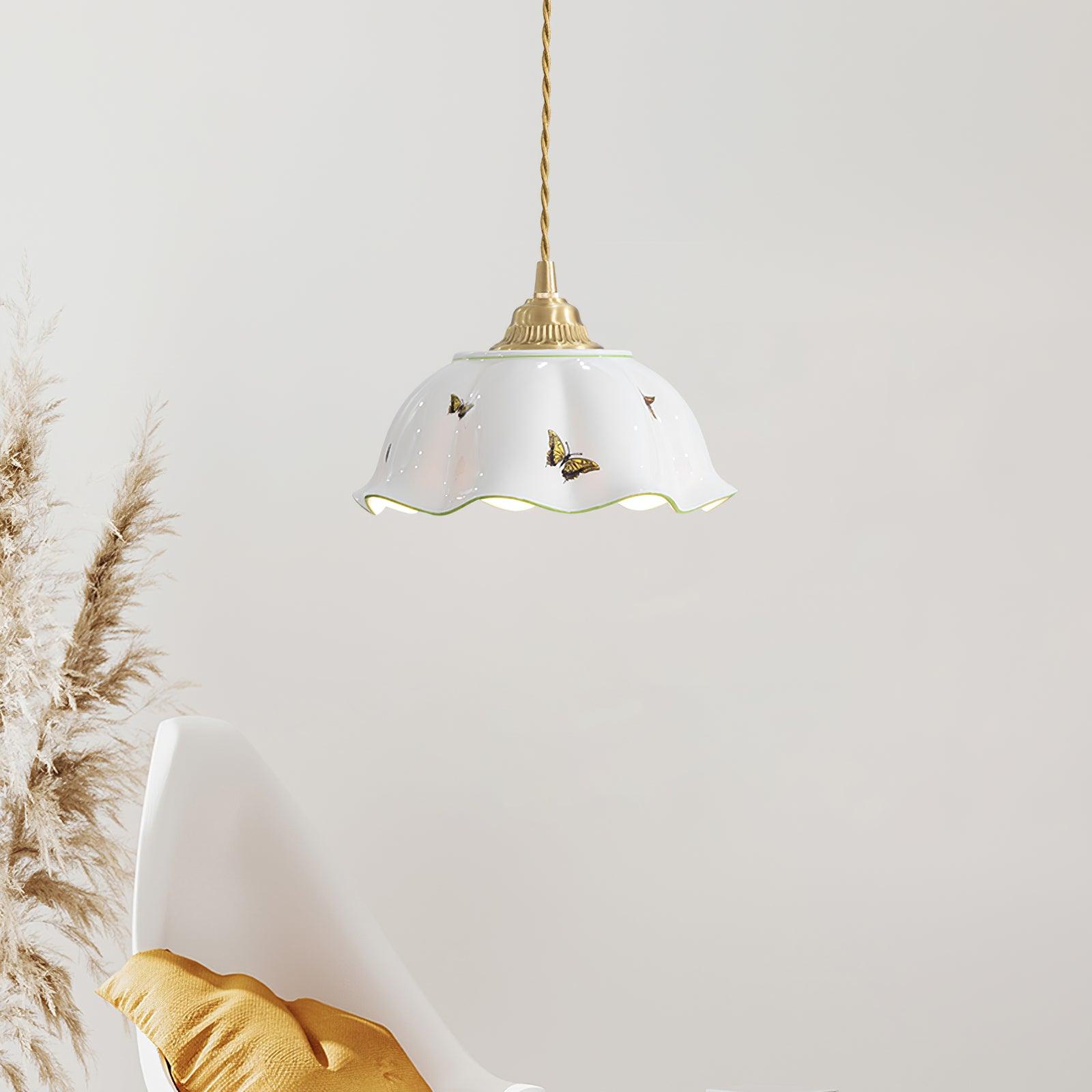 Pendant Lamp Ceramic Petal Shade Hand Painted Butterflies Vintage Charm - Letslighting