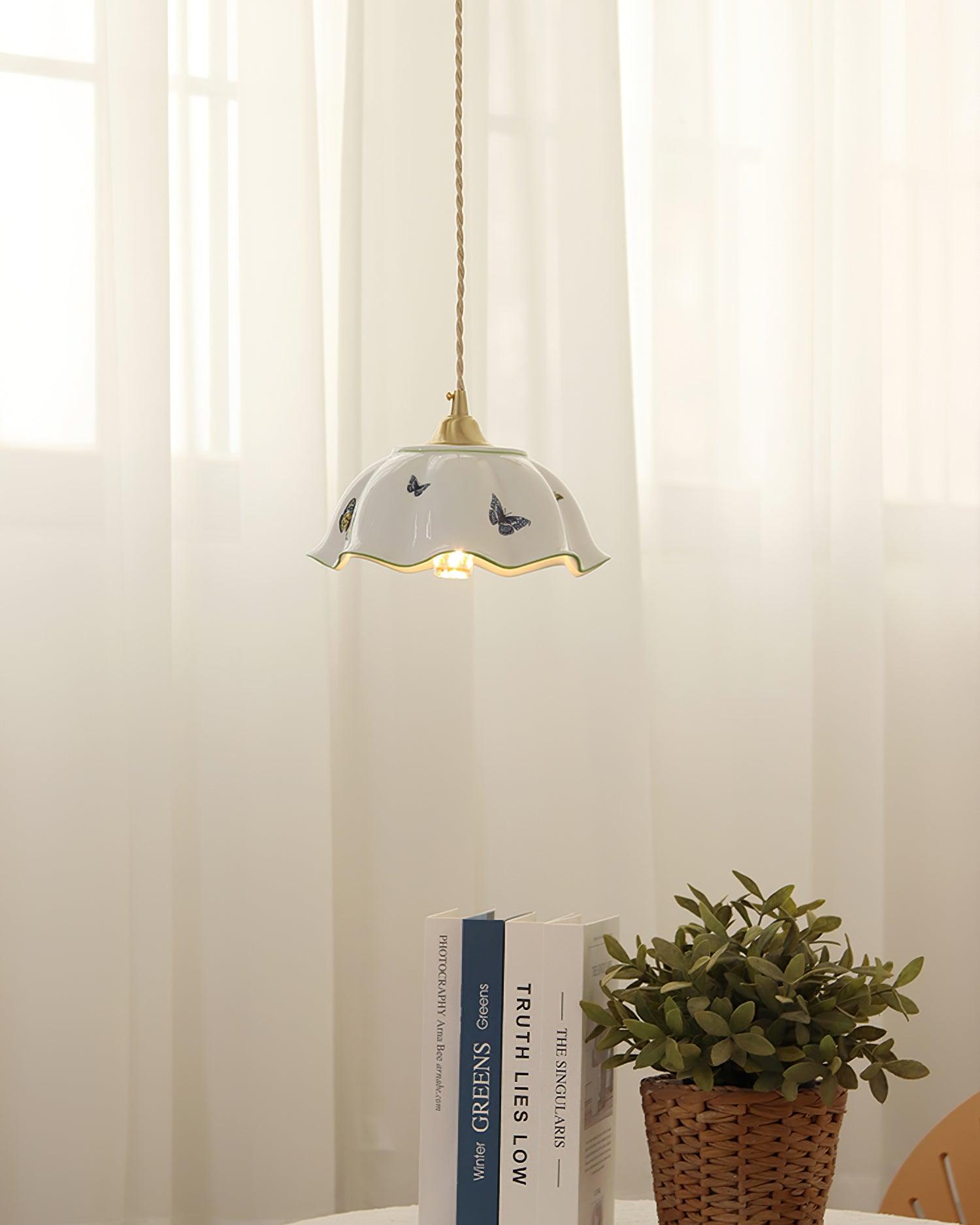 Pendant Lamp Ceramic Petal Shade Hand Painted Butterflies Vintage Charm - Letslighting