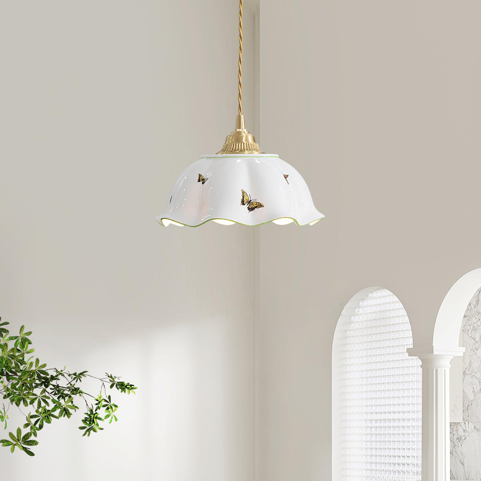 Pendant Lamp Ceramic Petal Shade Hand Painted Butterflies Vintage Charm - Letslighting