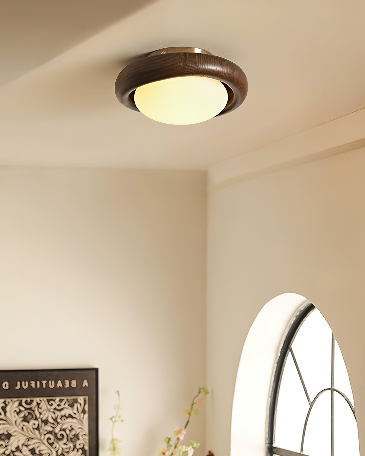 Novi Ceiling Lamp Wooden Ring With Frosted Globe - Letslighting