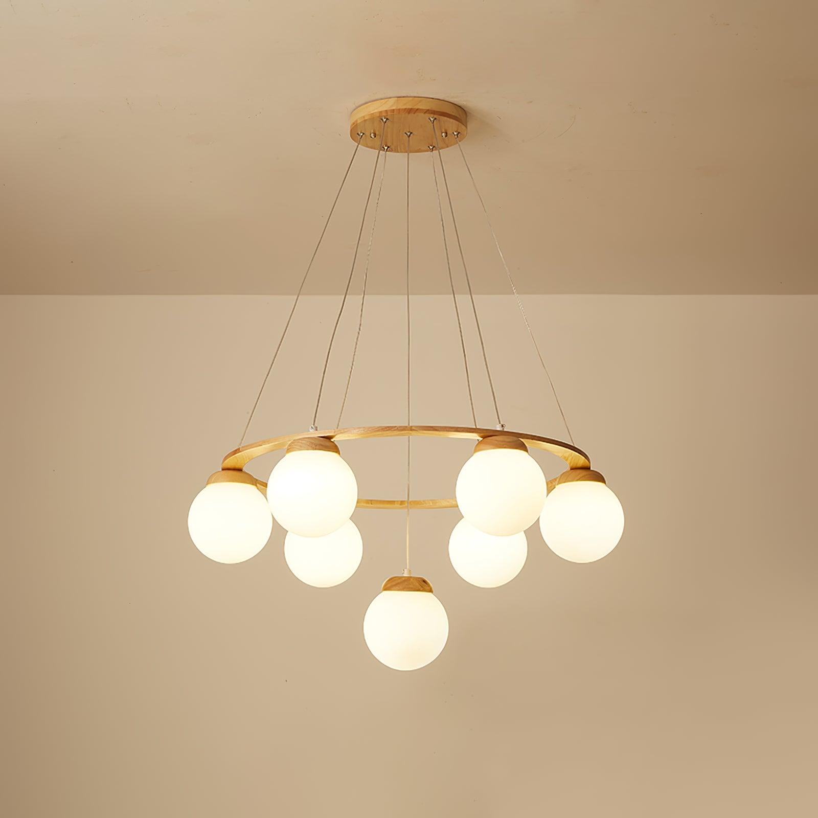 Lustra Chandelier Wood Ring Opal Glass Globes - Letslighting