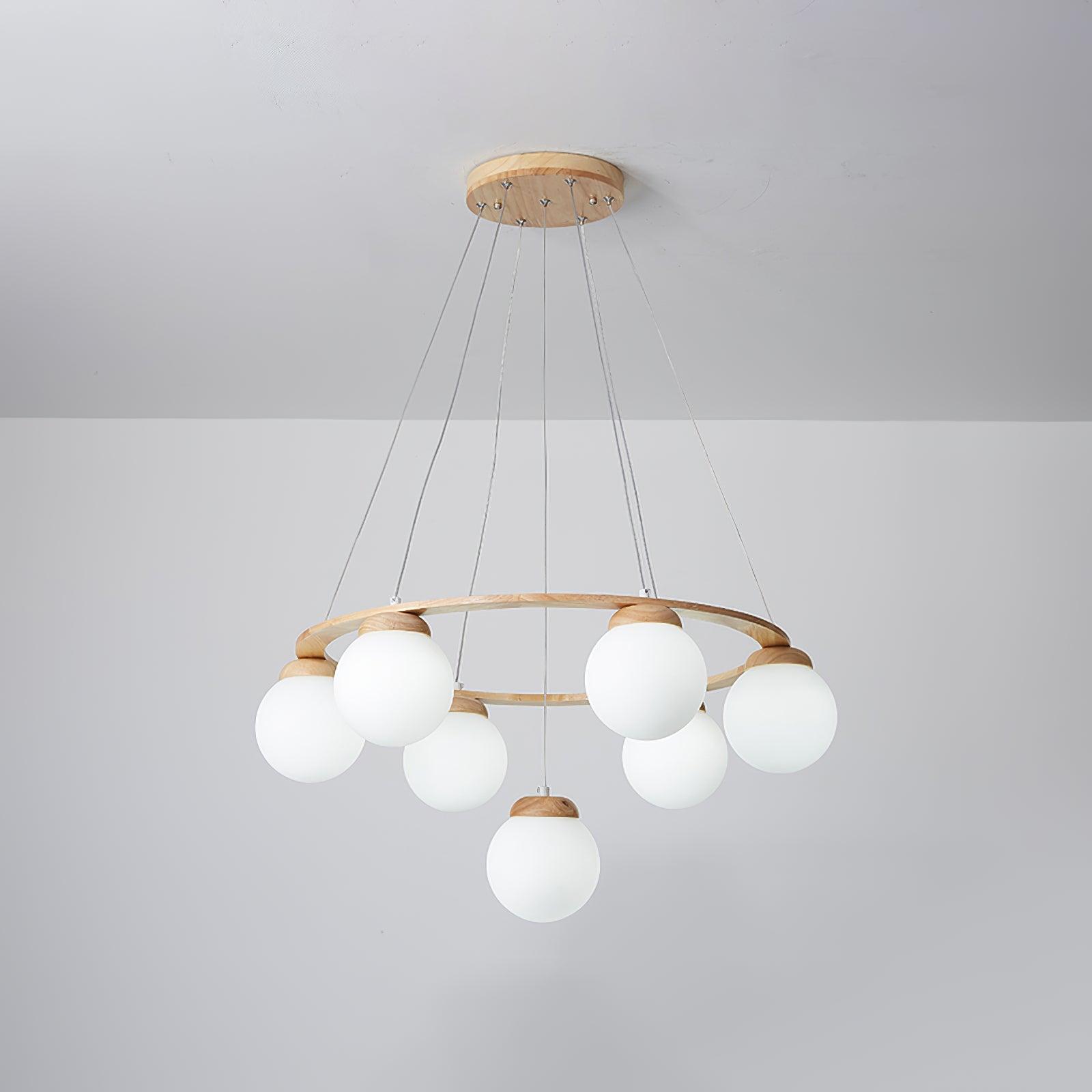 Lustra Chandelier Wood Ring Opal Glass Globes - Letslighting