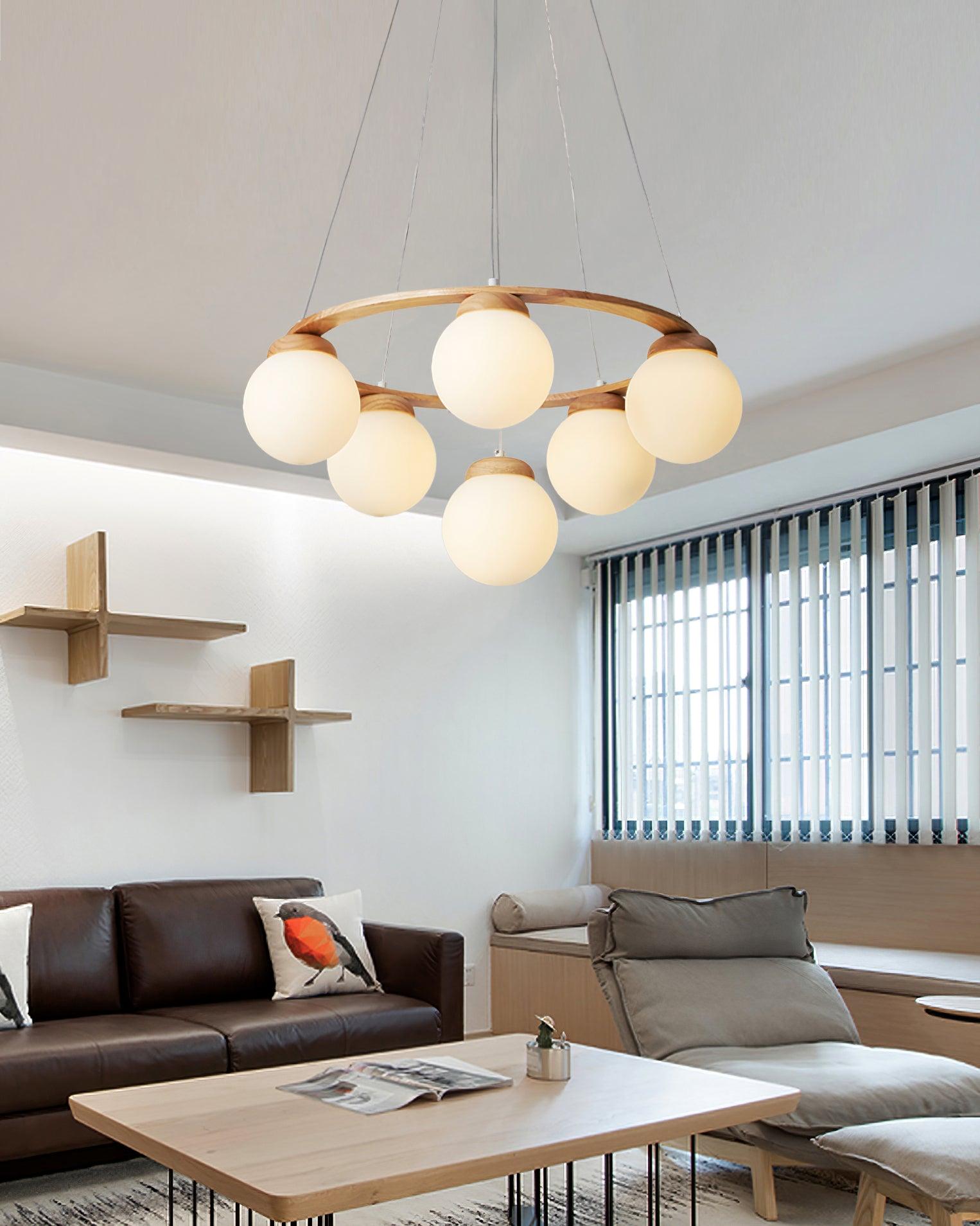 Lustra Chandelier Wood Ring Opal Glass Globes - Letslighting