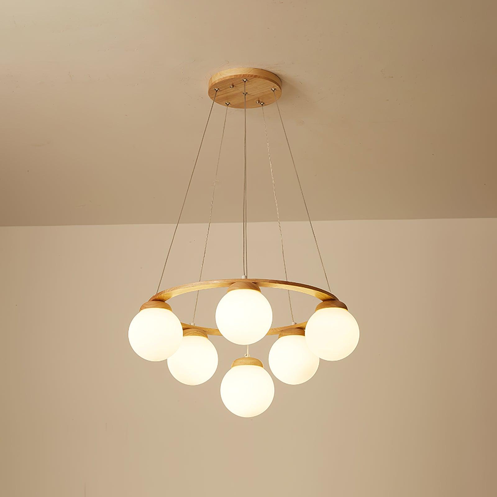 Lustra Chandelier Wood Ring Opal Glass Globes - Letslighting
