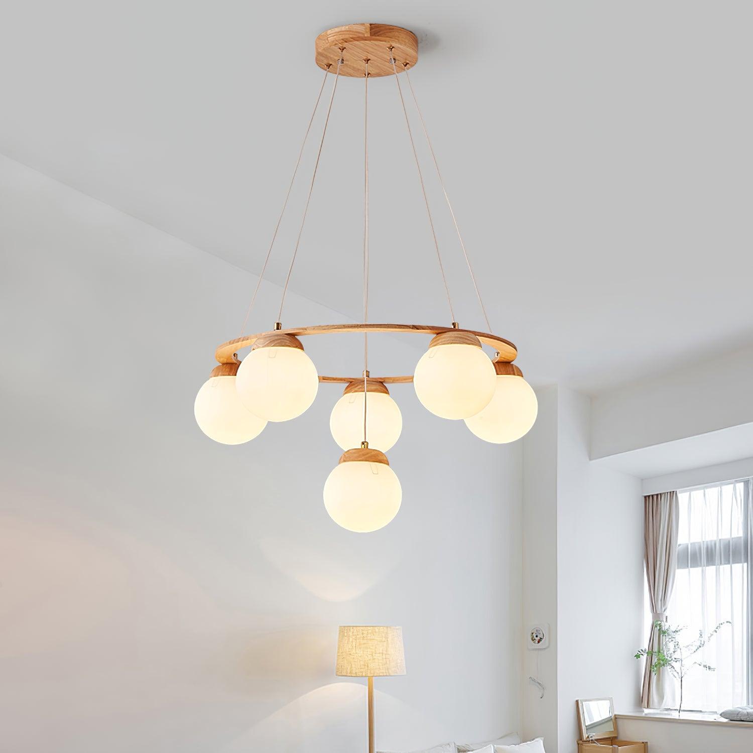 Lustra Chandelier Wood Ring Opal Glass Globes - Letslighting