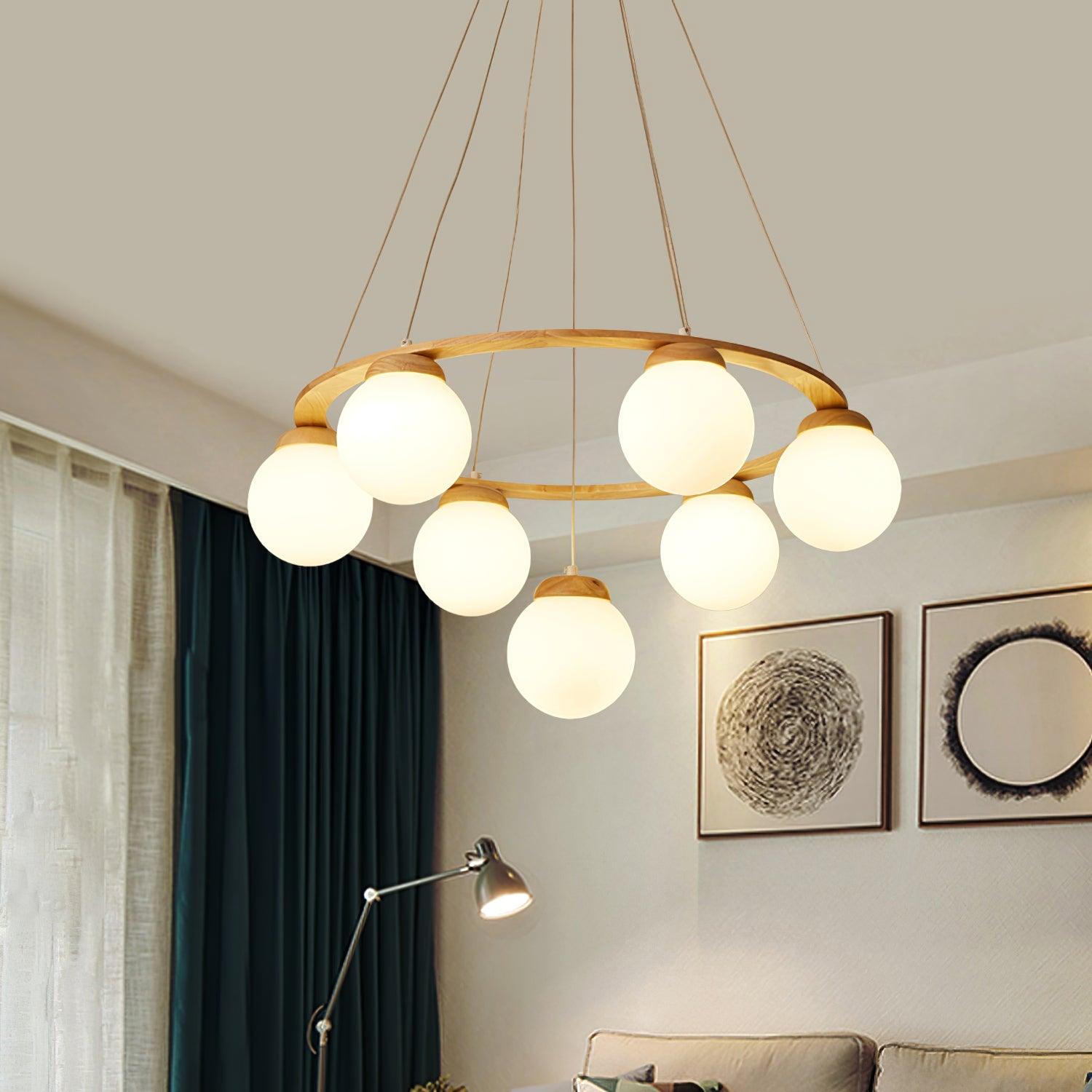 Lustra Chandelier Wood Ring Opal Glass Globes - Letslighting