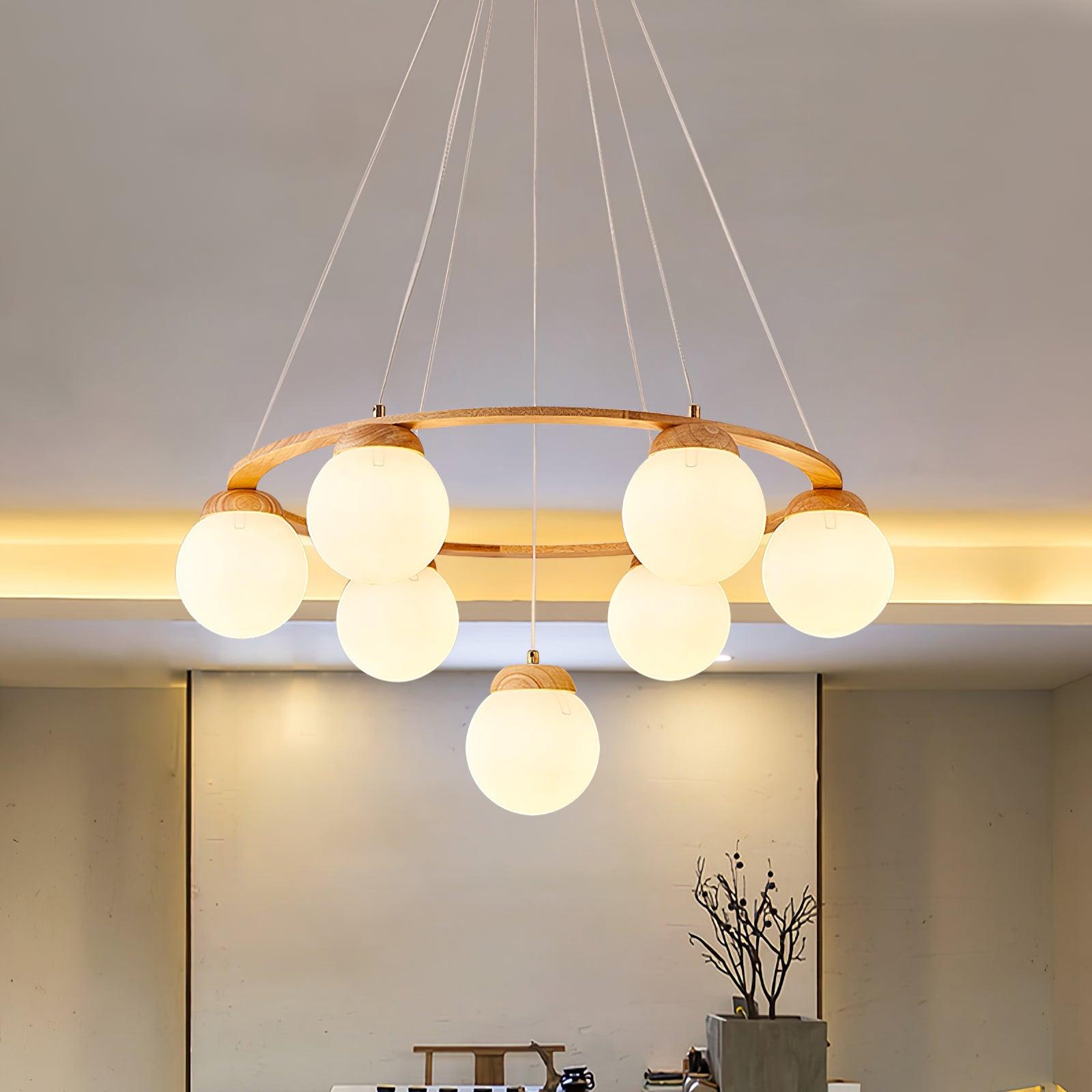 Lustra Chandelier Wood Ring Opal Glass Globes - Letslighting
