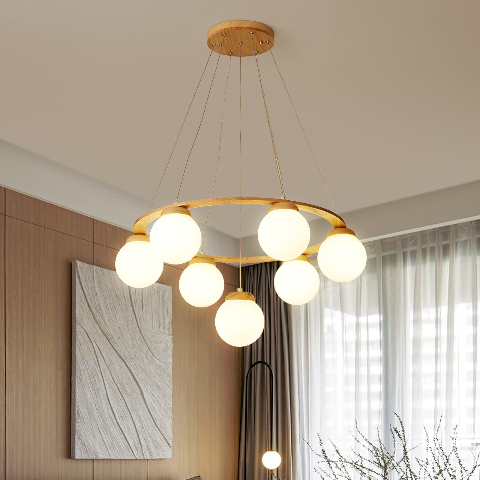 Lustra Chandelier Wood Ring Opal Glass Globes - Letslighting