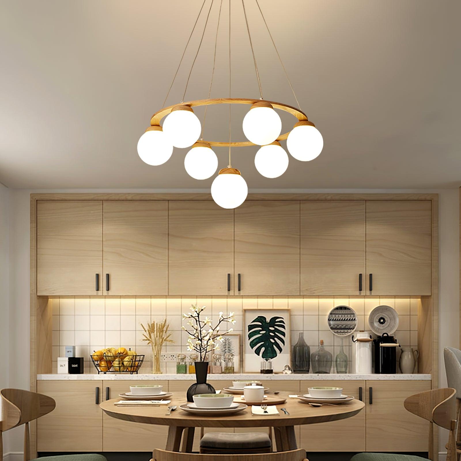 Lustra Chandelier Wood Ring Opal Glass Globes - Letslighting