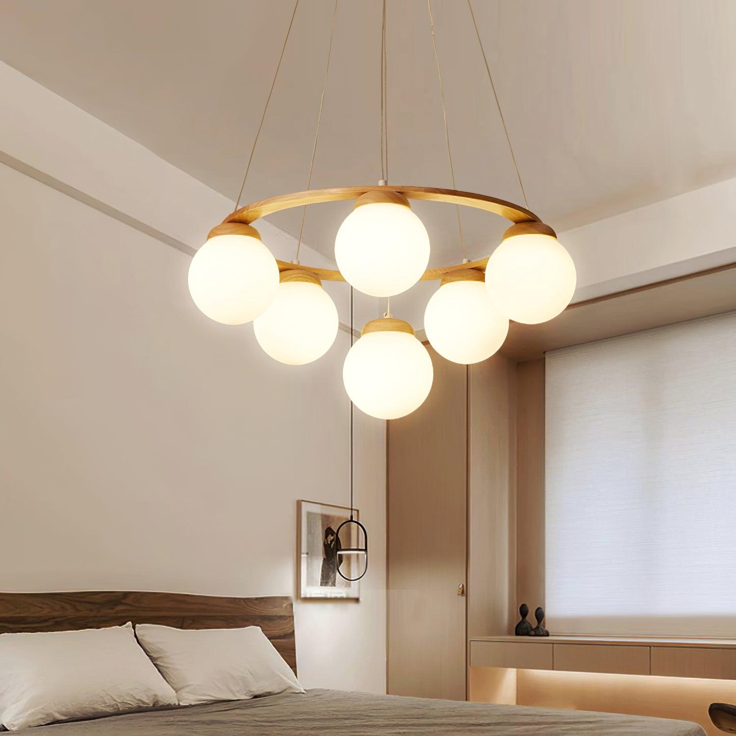Lustra Chandelier Wood Ring Opal Glass Globes - Letslighting