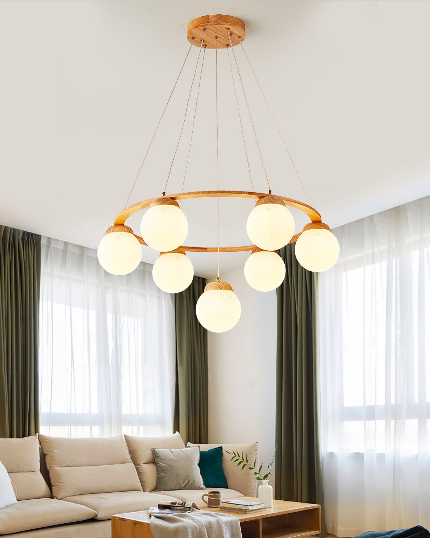 Lustra Chandelier Wood Ring Opal Glass Globes - Letslighting
