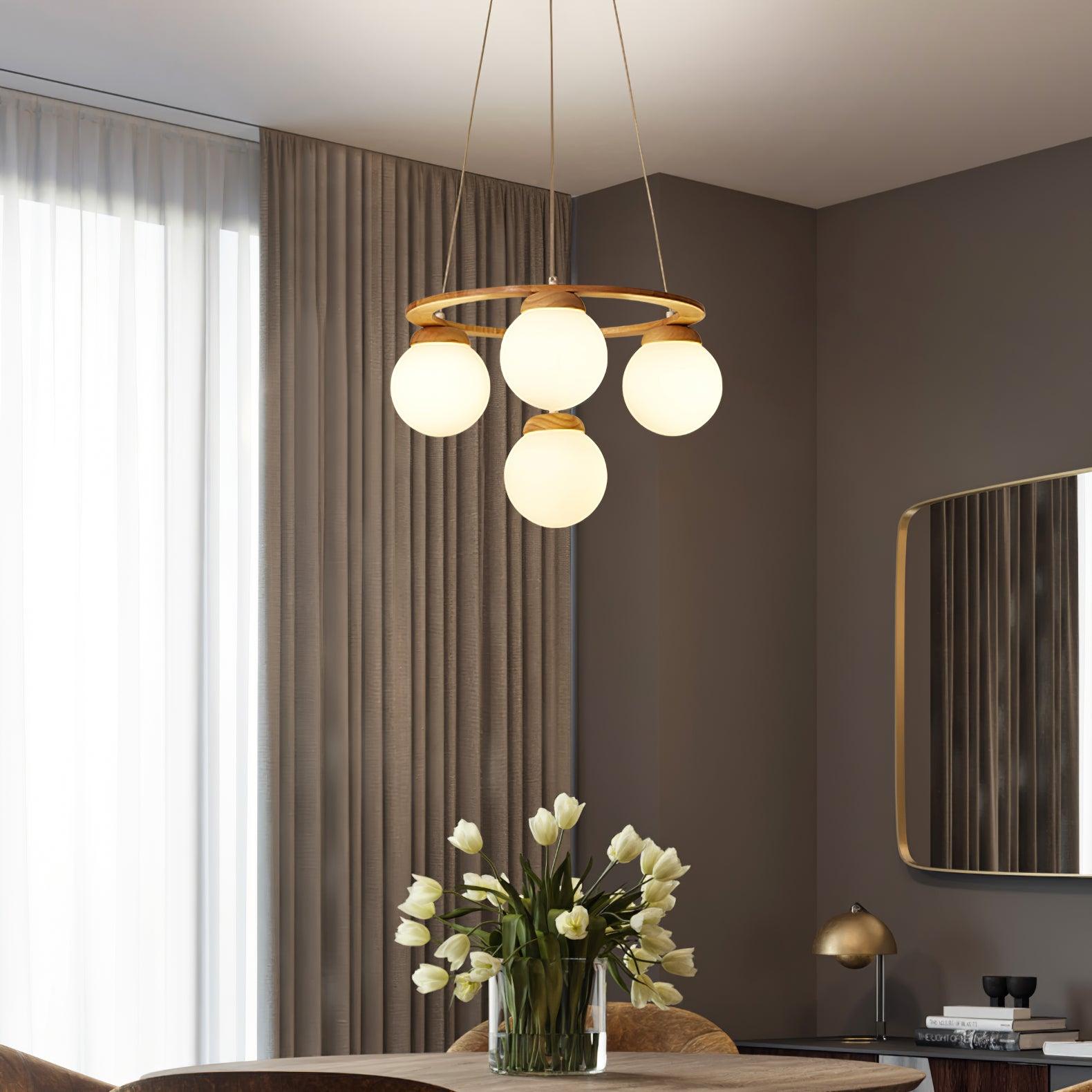 Lustra Chandelier Wood Ring Opal Glass Globes - Letslighting
