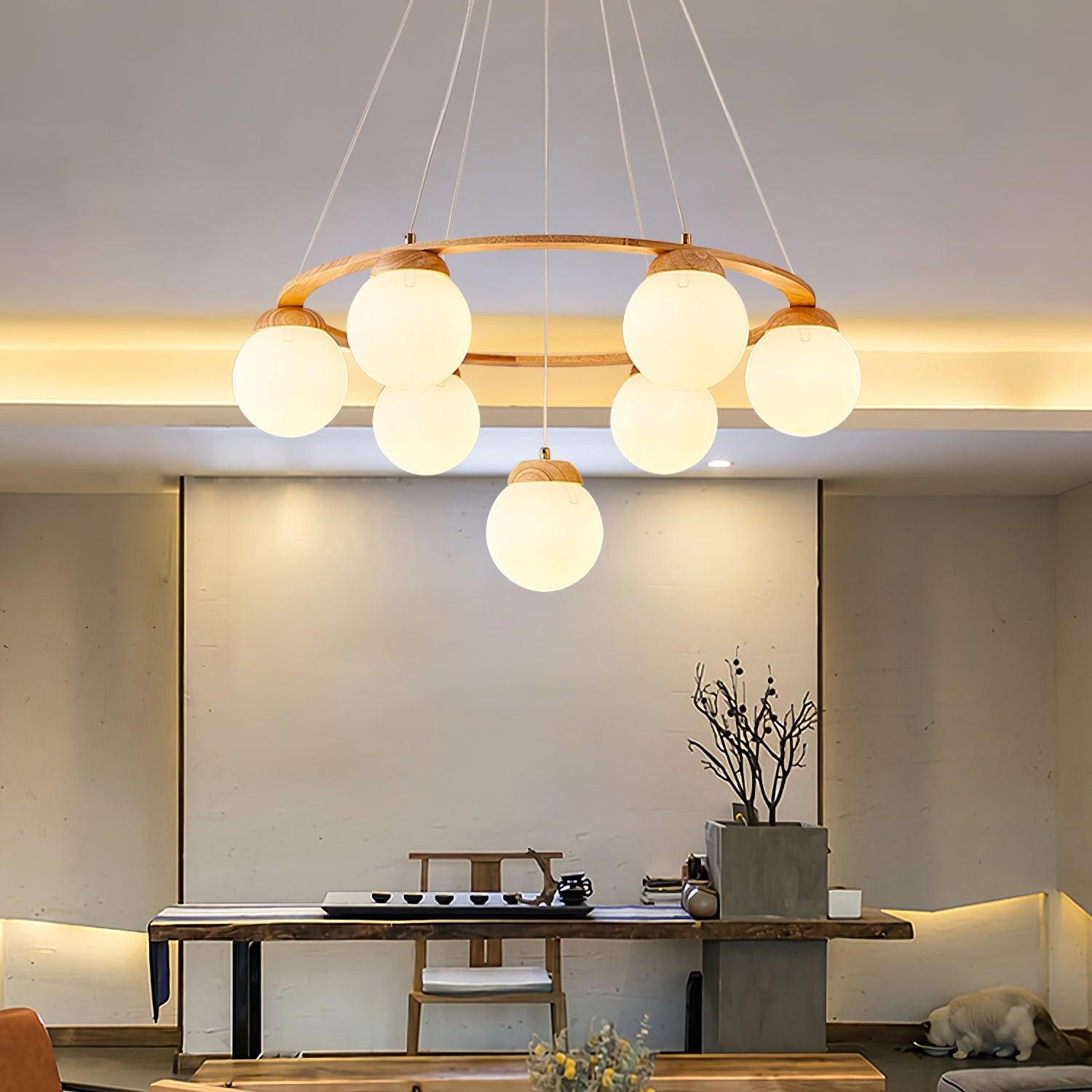 Lustra Chandelier Wood Ring Opal Glass Globes - Letslighting