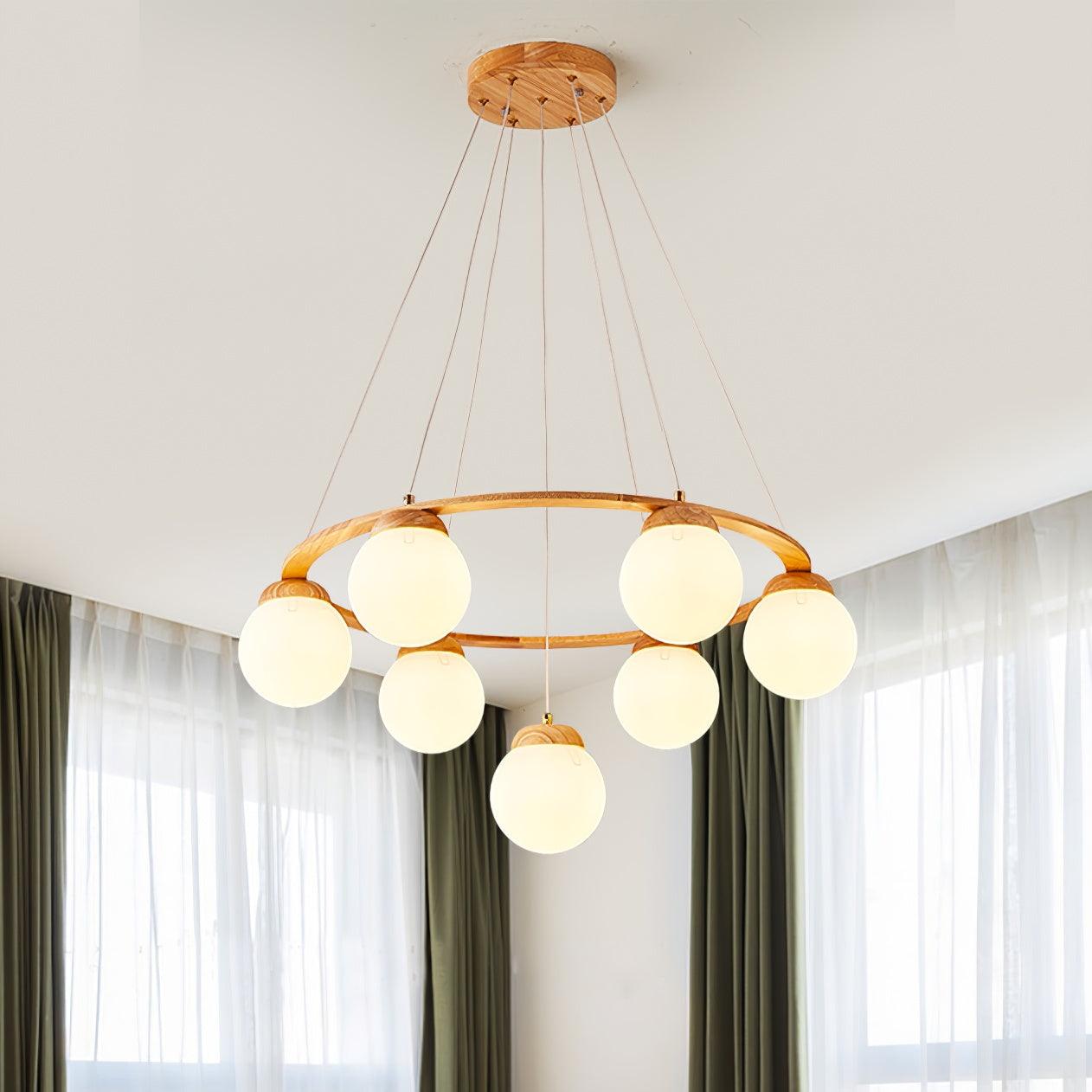 Lustra Chandelier Wood Ring Opal Glass Globes - Letslighting