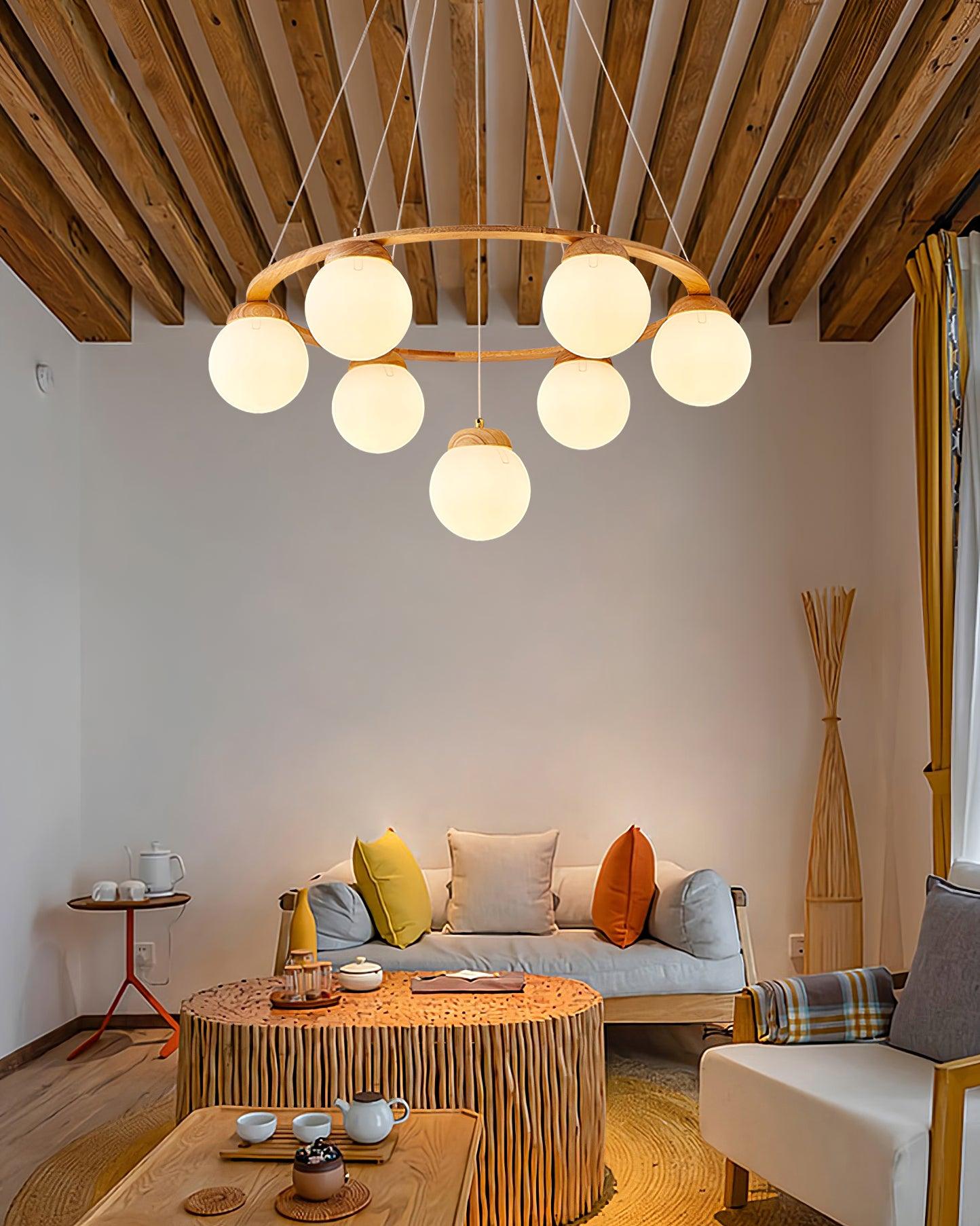 Lustra Chandelier Wood Ring Opal Glass Globes - Letslighting