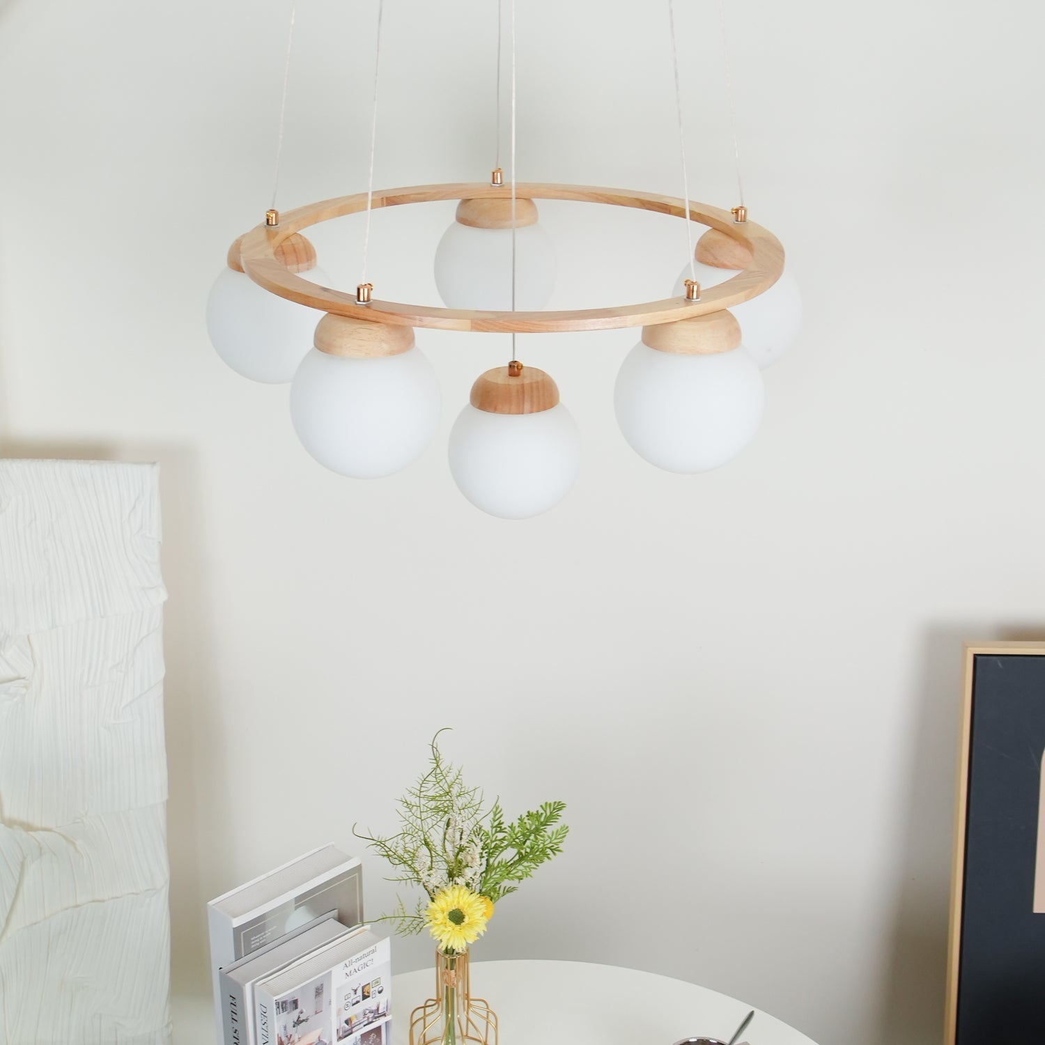 Lustra Chandelier Wood Ring Opal Glass Globes - Letslighting