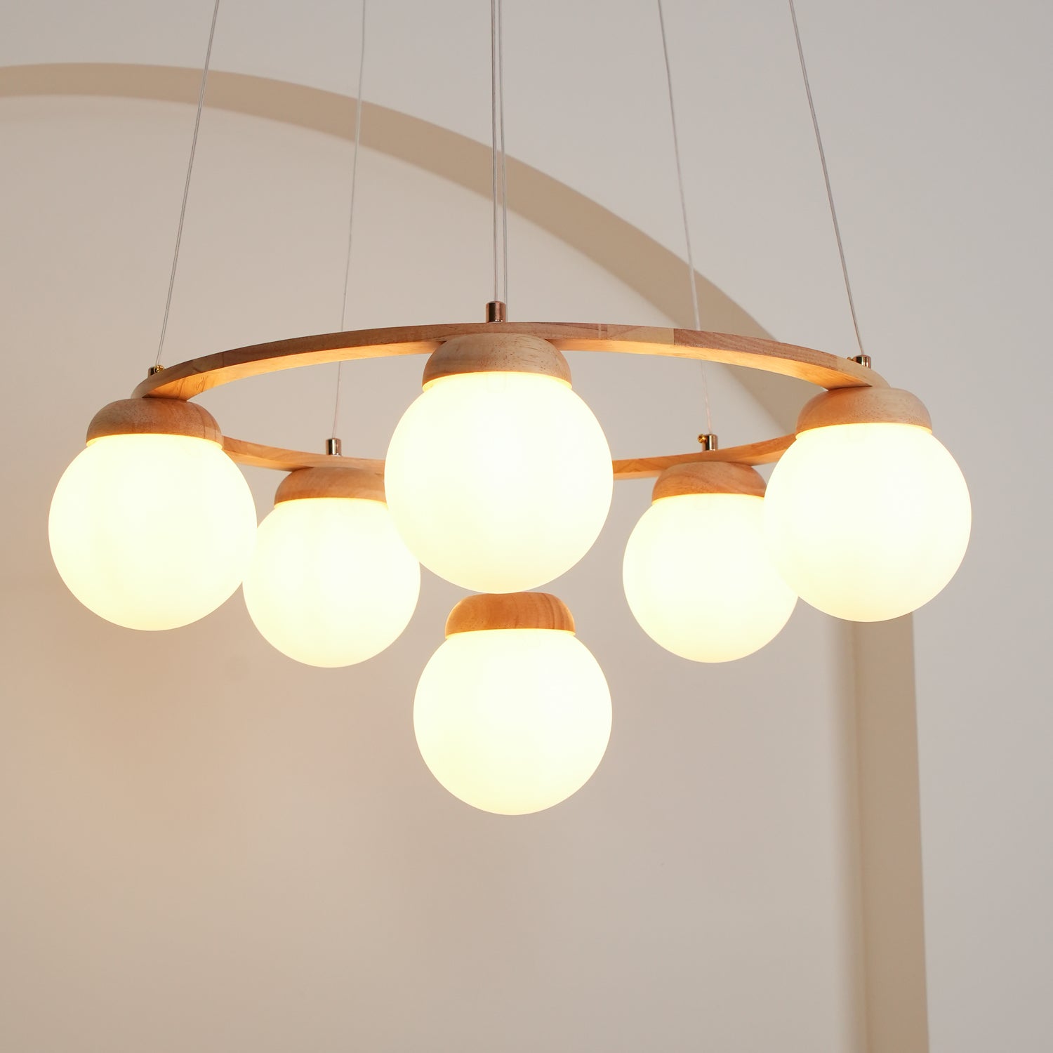 Lustra Chandelier Wood Ring Opal Glass Globes - Letslighting