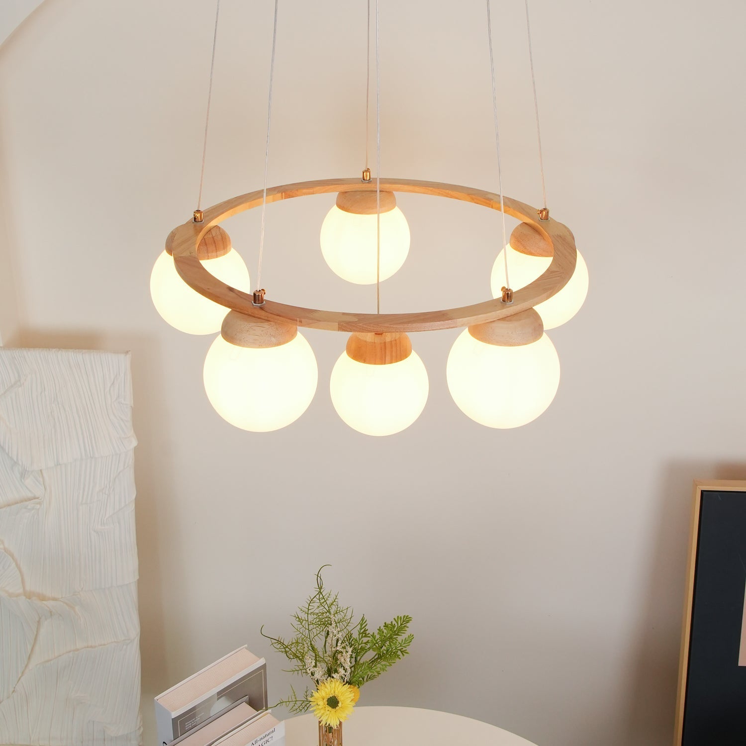 Lustra Chandelier Wood Ring Opal Glass Globes - Letslighting