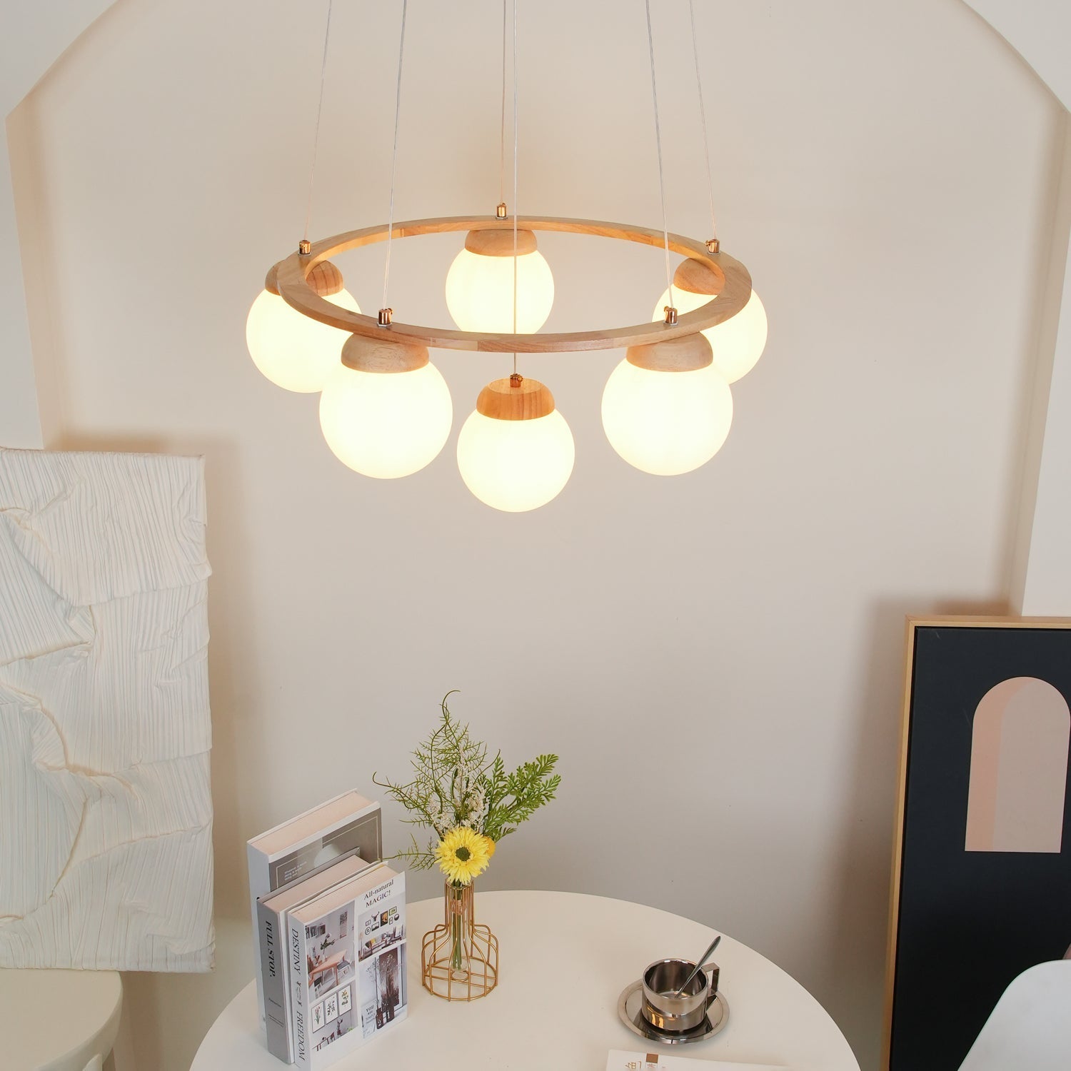 Lustra Chandelier Wood Ring Opal Glass Globes - Letslighting