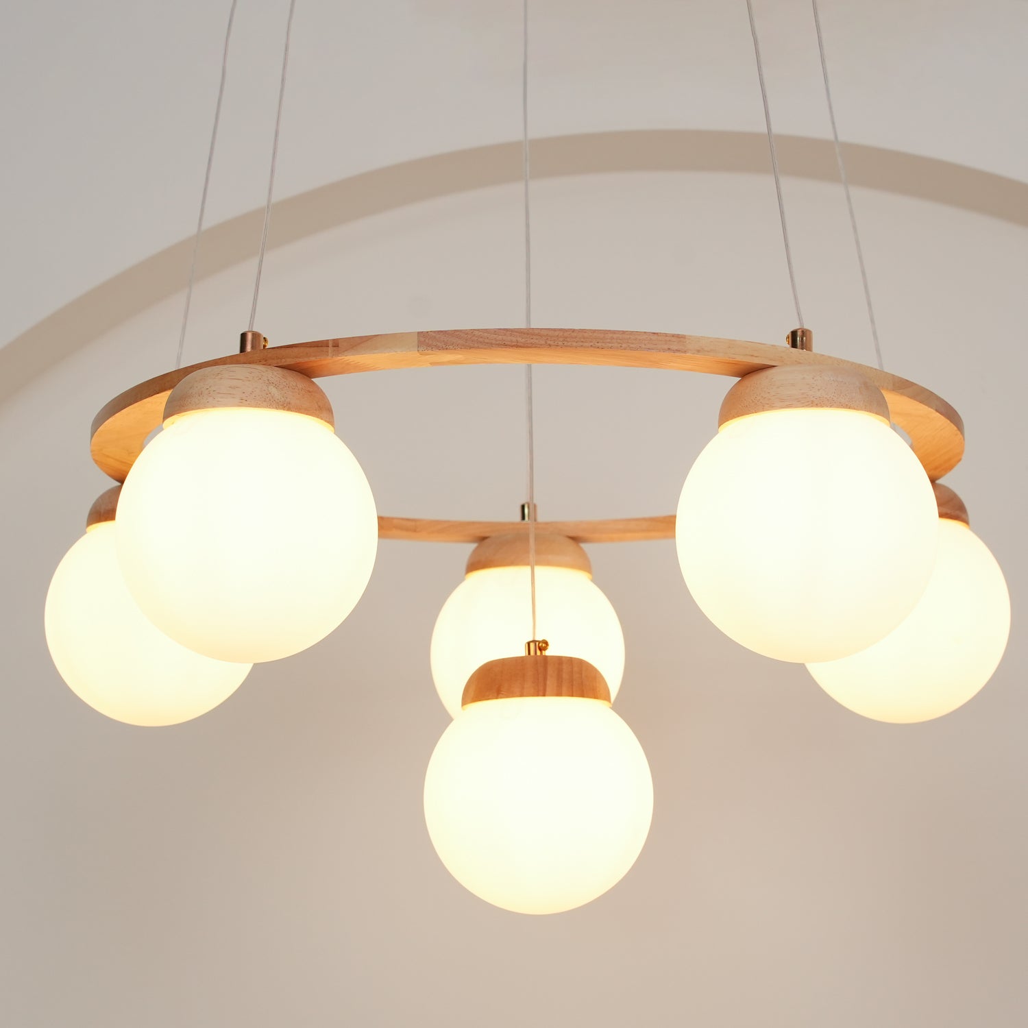 Lustra Chandelier Wood Ring Opal Glass Globes - Letslighting