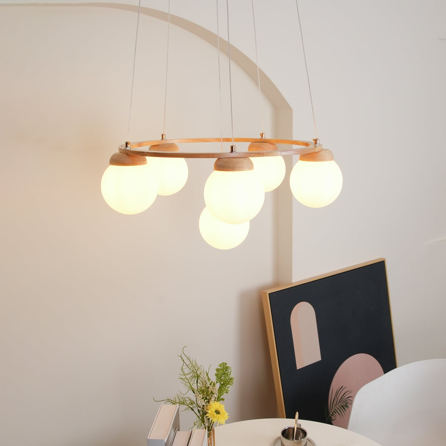 Lustra Chandelier Wood Ring Opal Glass Globes - Letslighting