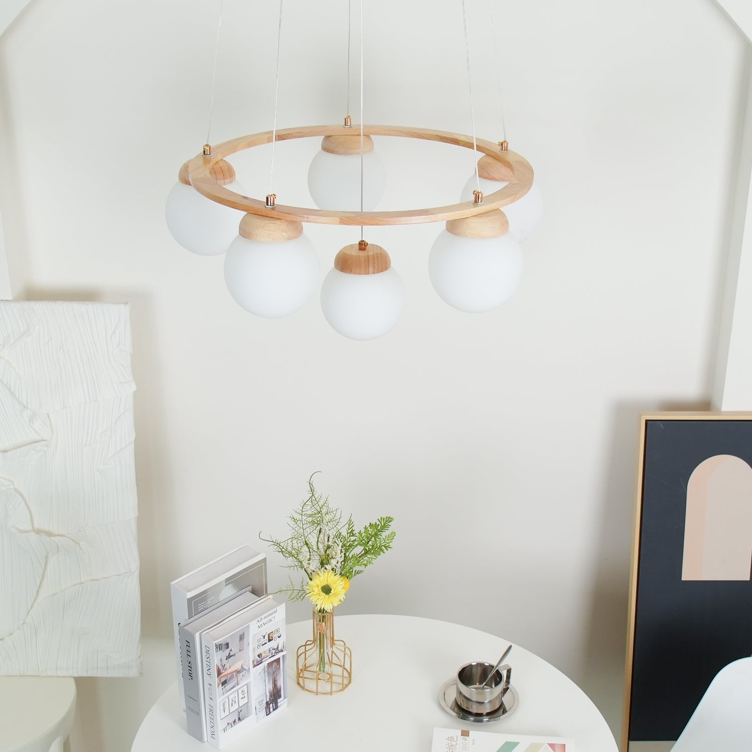 Lustra Chandelier Wood Ring Opal Glass Globes - Letslighting