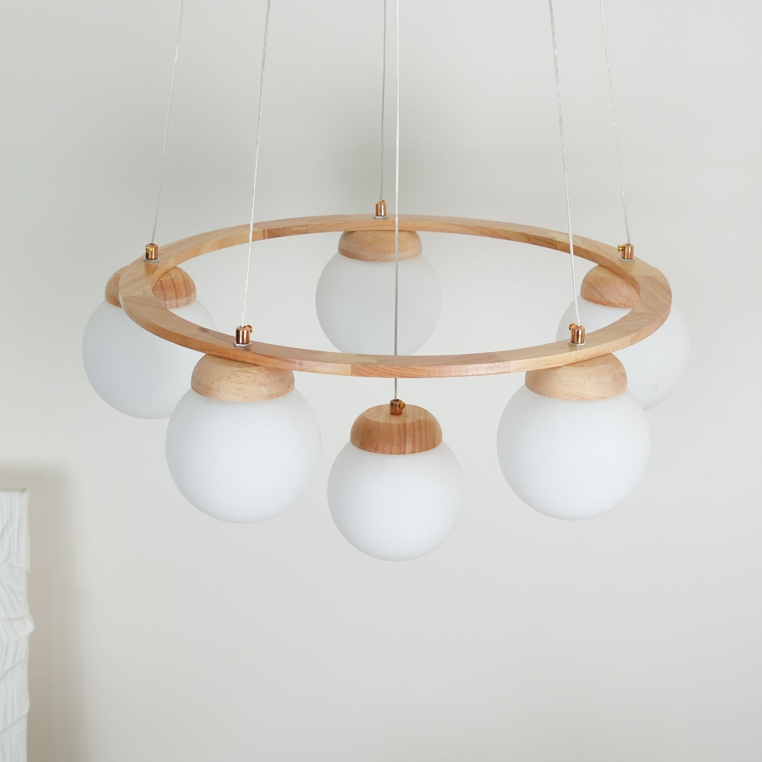 Lustra Chandelier Wood Ring Opal Glass Globes - Letslighting