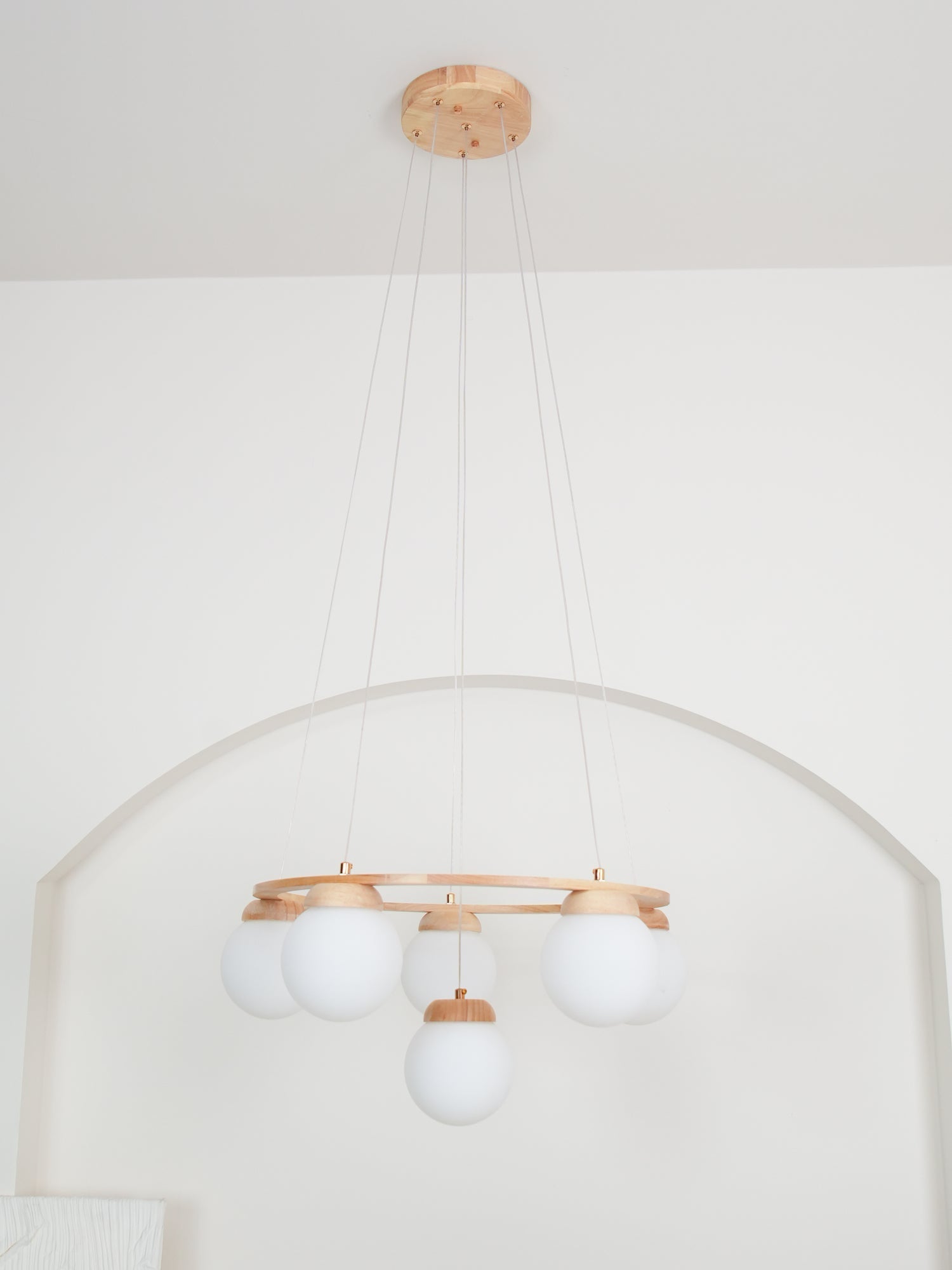 Lustra Chandelier Wood Ring Opal Glass Globes - Letslighting