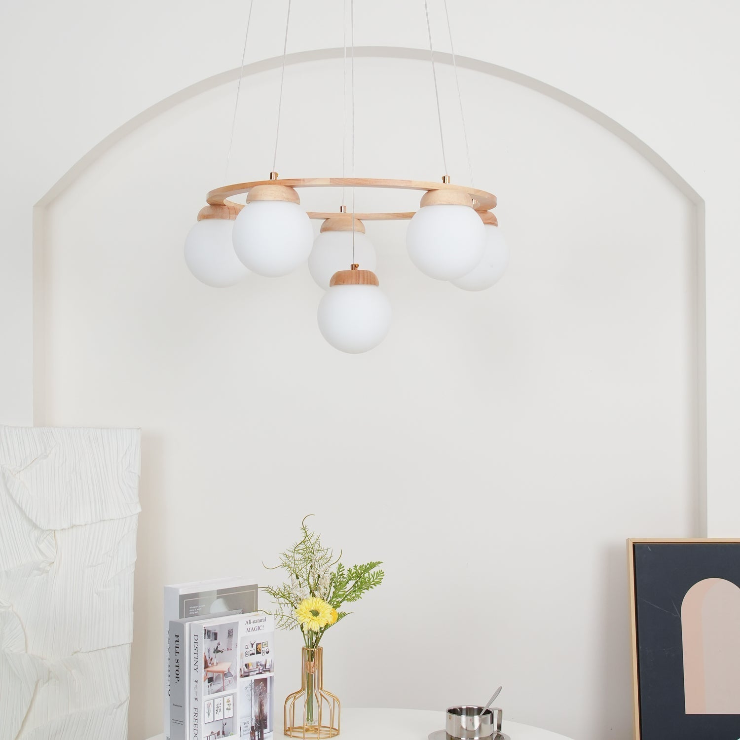 Lustra Chandelier Wood Ring Opal Glass Globes - Letslighting