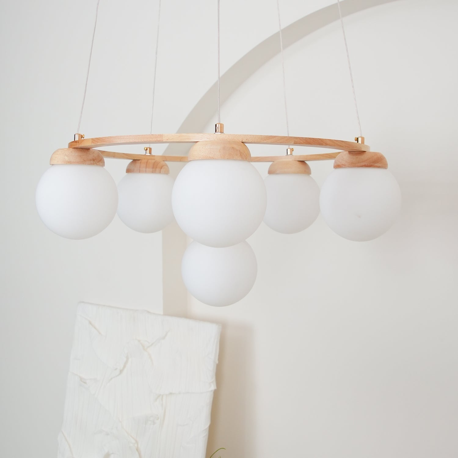 Lustra Chandelier Wood Ring Opal Glass Globes - Letslighting