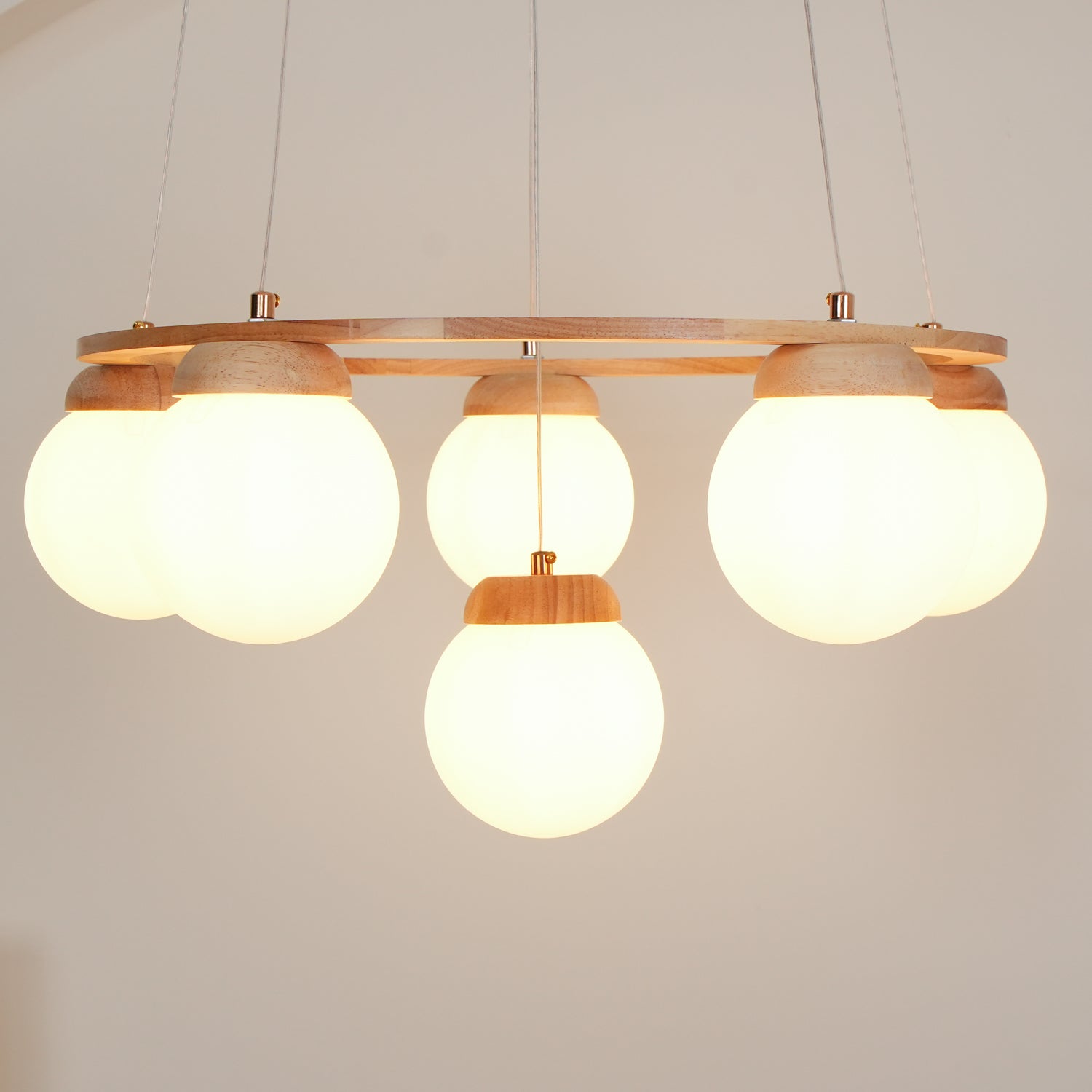 Lustra Chandelier Wood Ring Opal Glass Globes - Letslighting