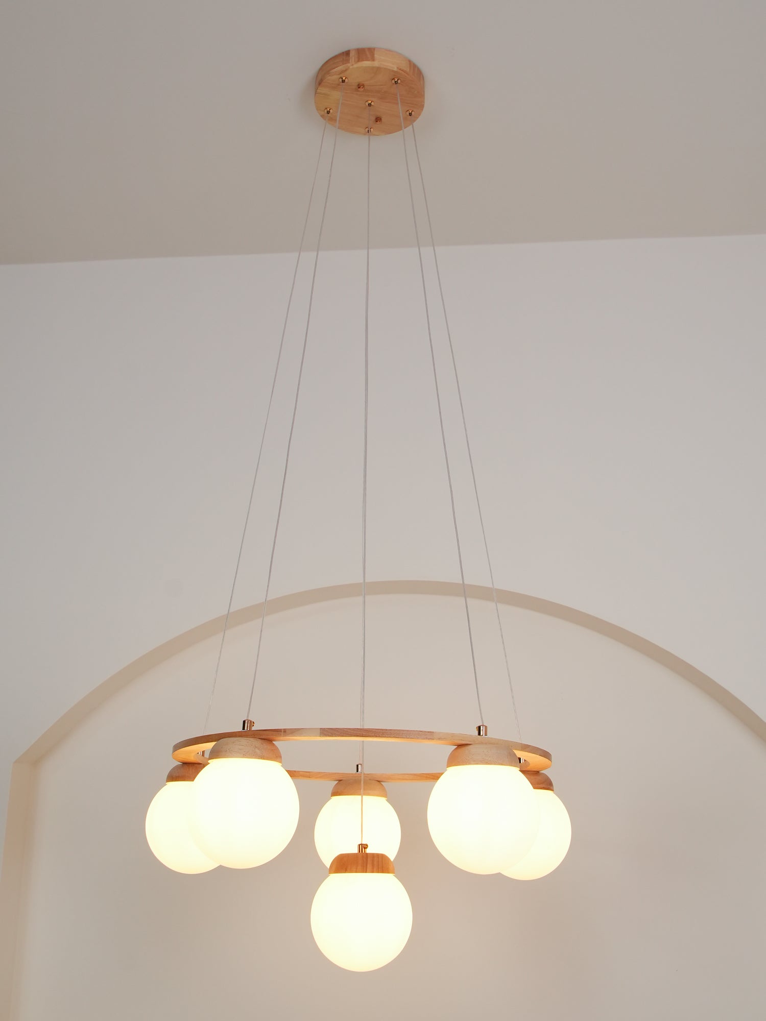 Lustra Chandelier Wood Ring Opal Glass Globes - Letslighting