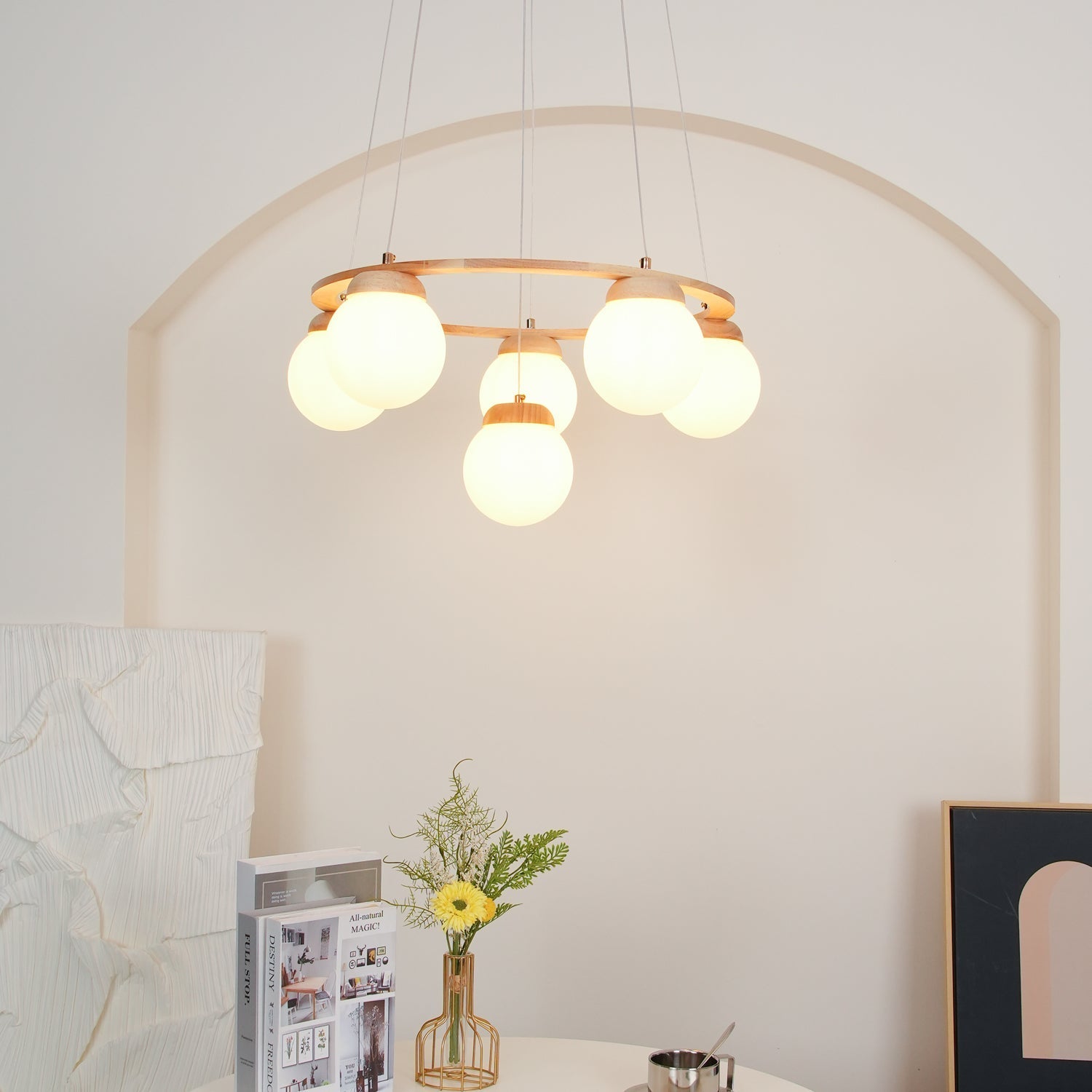 Lustra Chandelier Wood Ring Opal Glass Globes - Letslighting