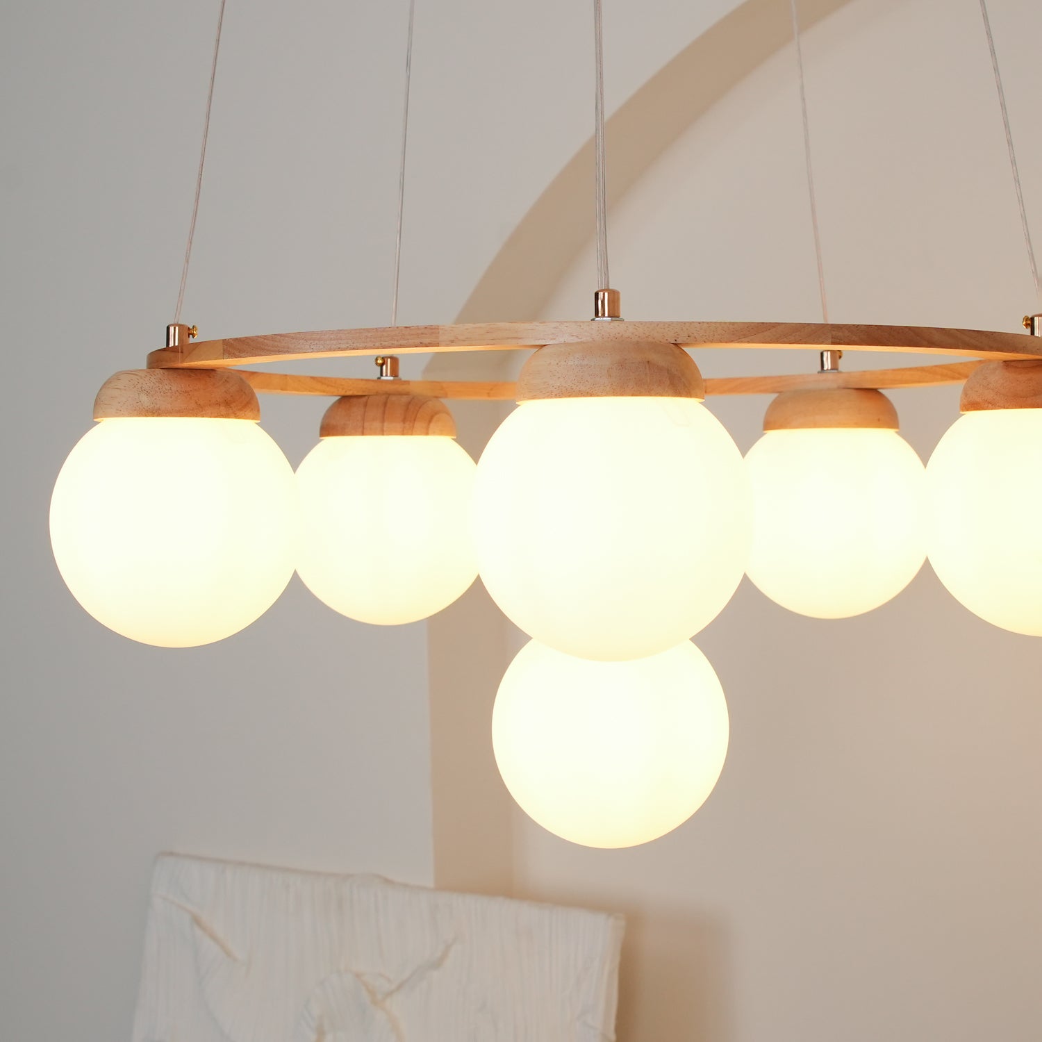 Lustra Chandelier Wood Ring Opal Glass Globes - Letslighting