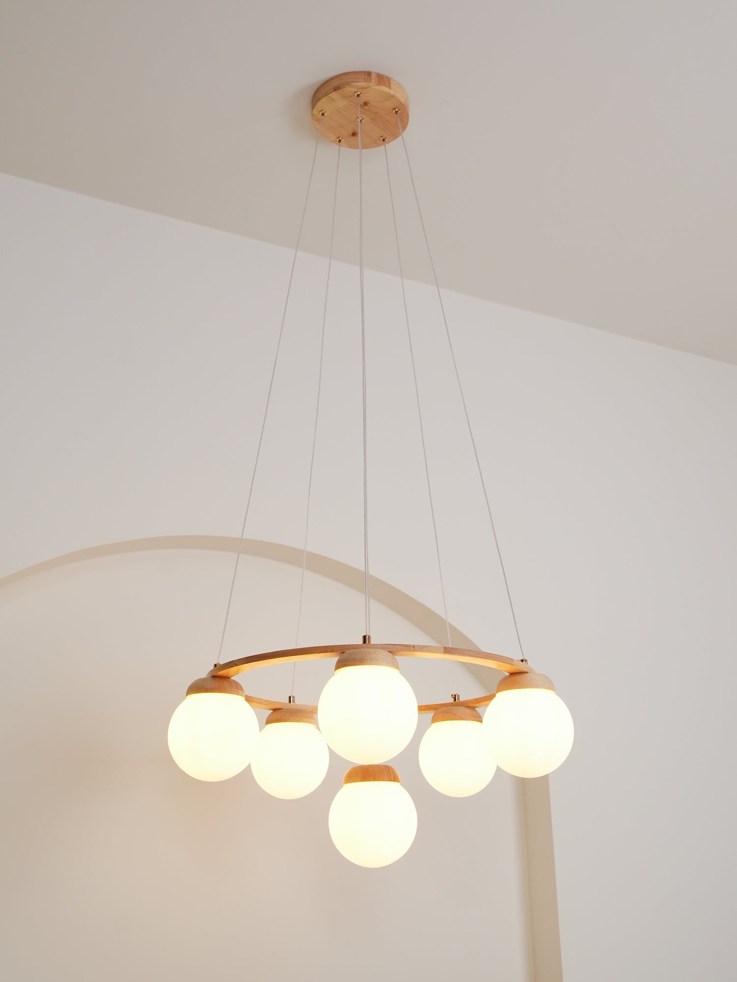 Lustra Chandelier Wood Ring Opal Glass Globes - Letslighting