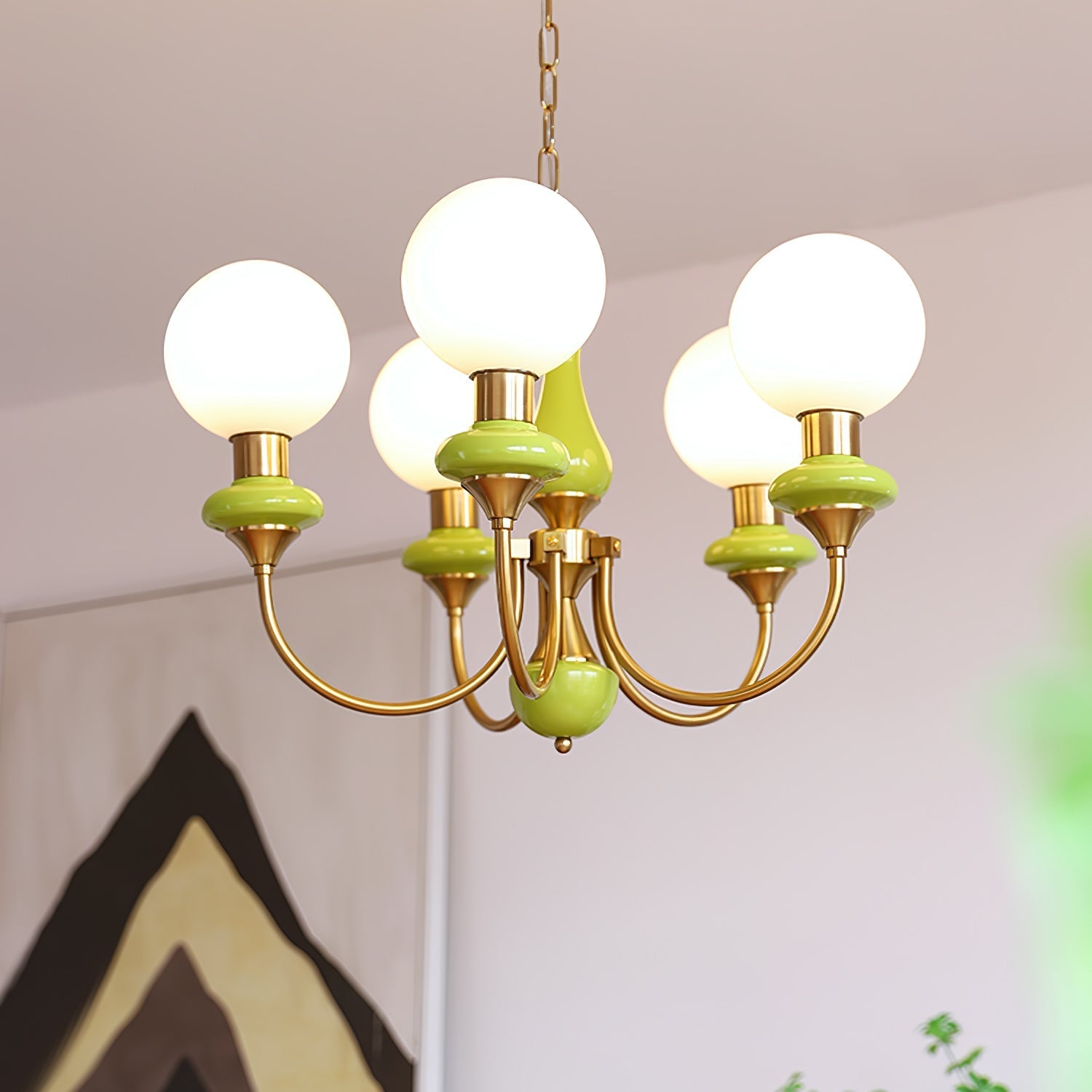 Lustra Chandelier Green Shades Gold Curved Arms - Letslighting