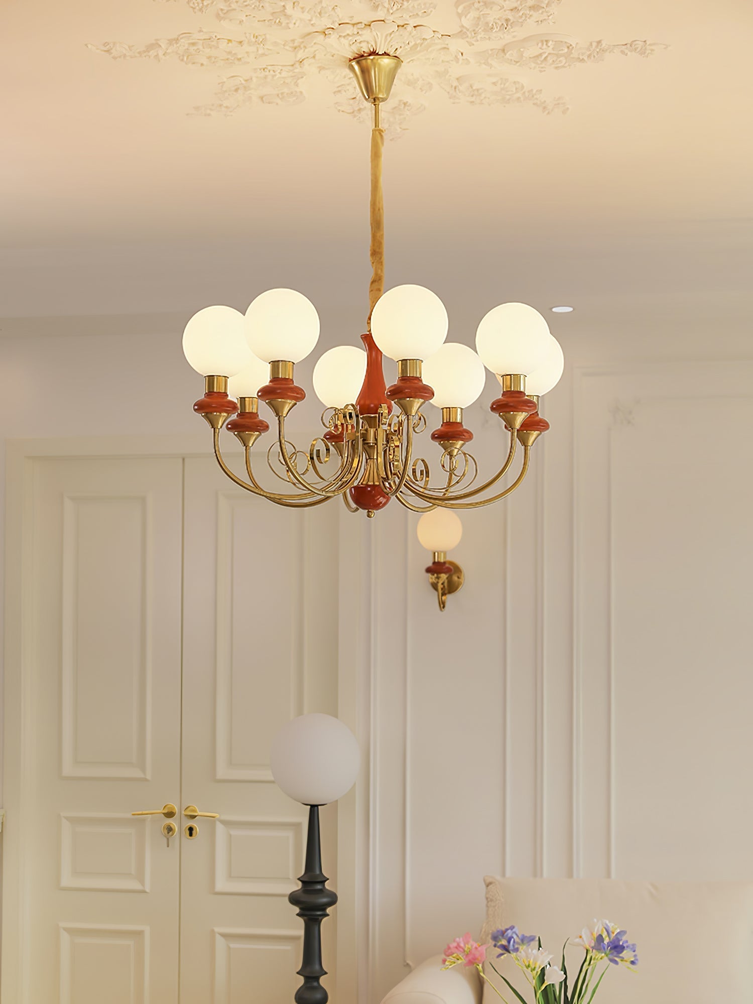 Lustra Chandelier Green Shades Gold Curved Arms - Letslighting