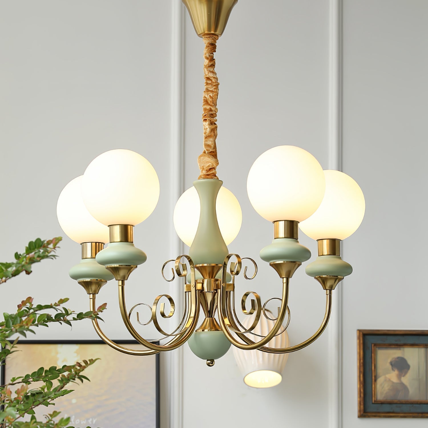 Lustra Chandelier Green Shades Gold Curved Arms - Letslighting
