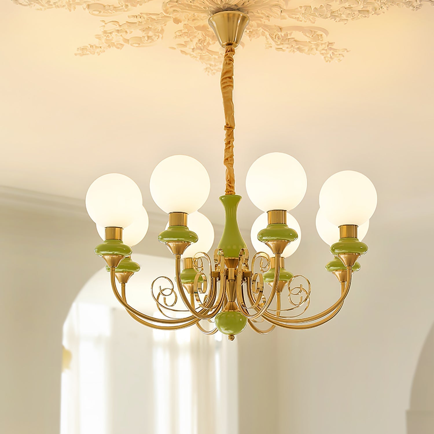 Lustra Chandelier Green Shades Gold Curved Arms - Letslighting
